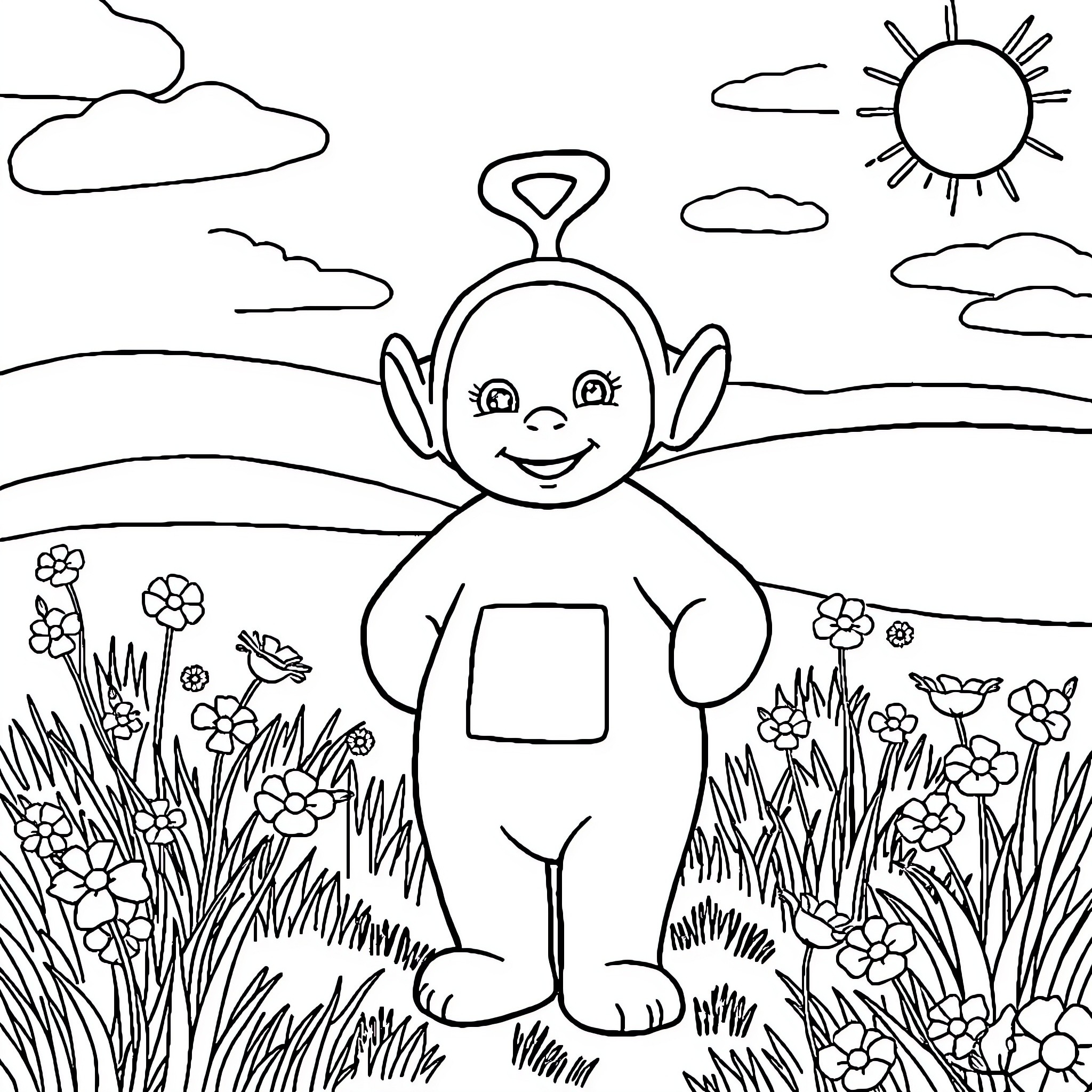 Teletubbie enjoying the outdoors in a flower-filled field Coloring Page (free black-and-white line drawing printable PDF for all, from beginners to advanced learners, including children, teens, adults, and seniors)