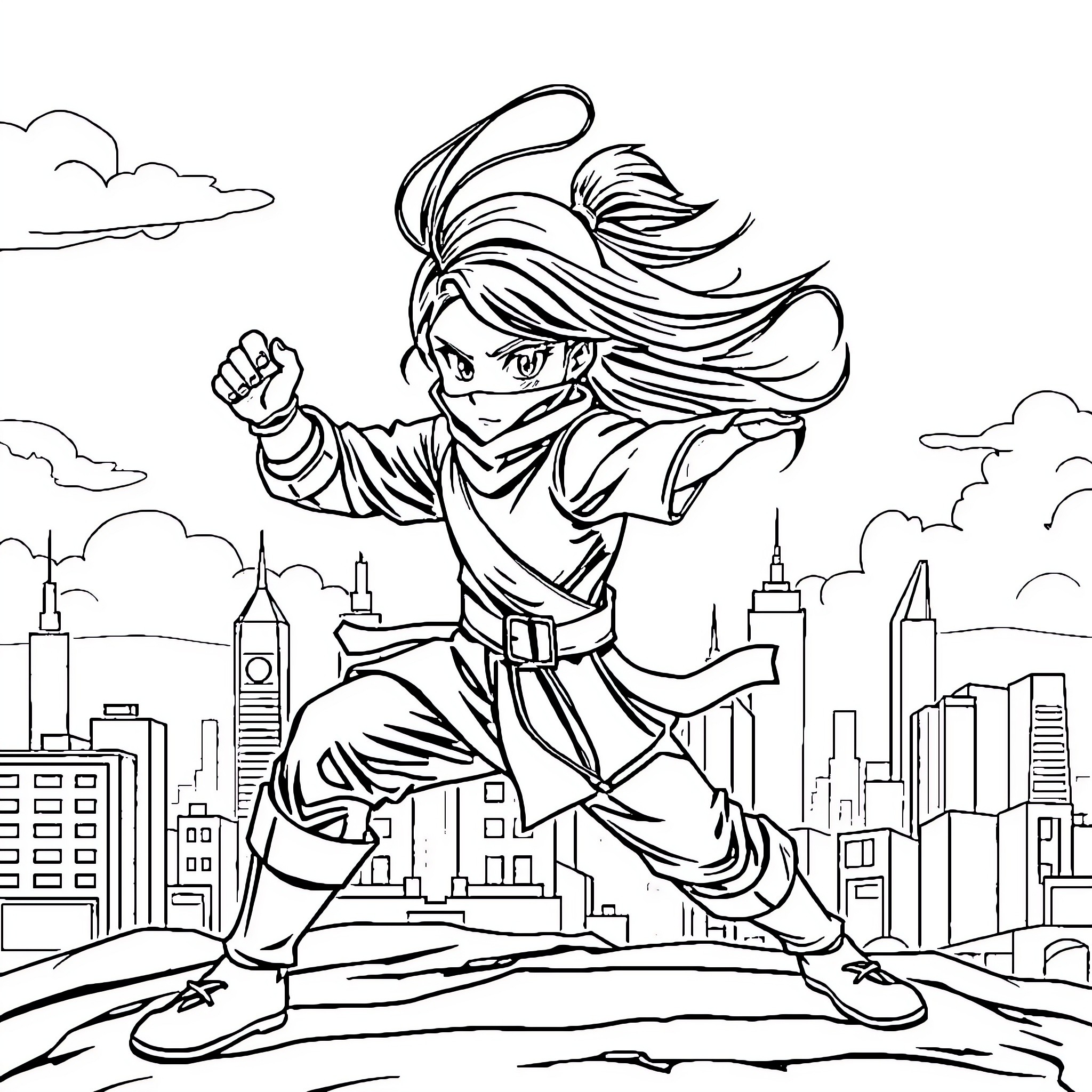 Ninja Hero Leaping into Action in the City Coloring Page (free black-and-white line drawing printable PDF for all, from beginners to advanced learners, including children, teens, adults, and seniors)