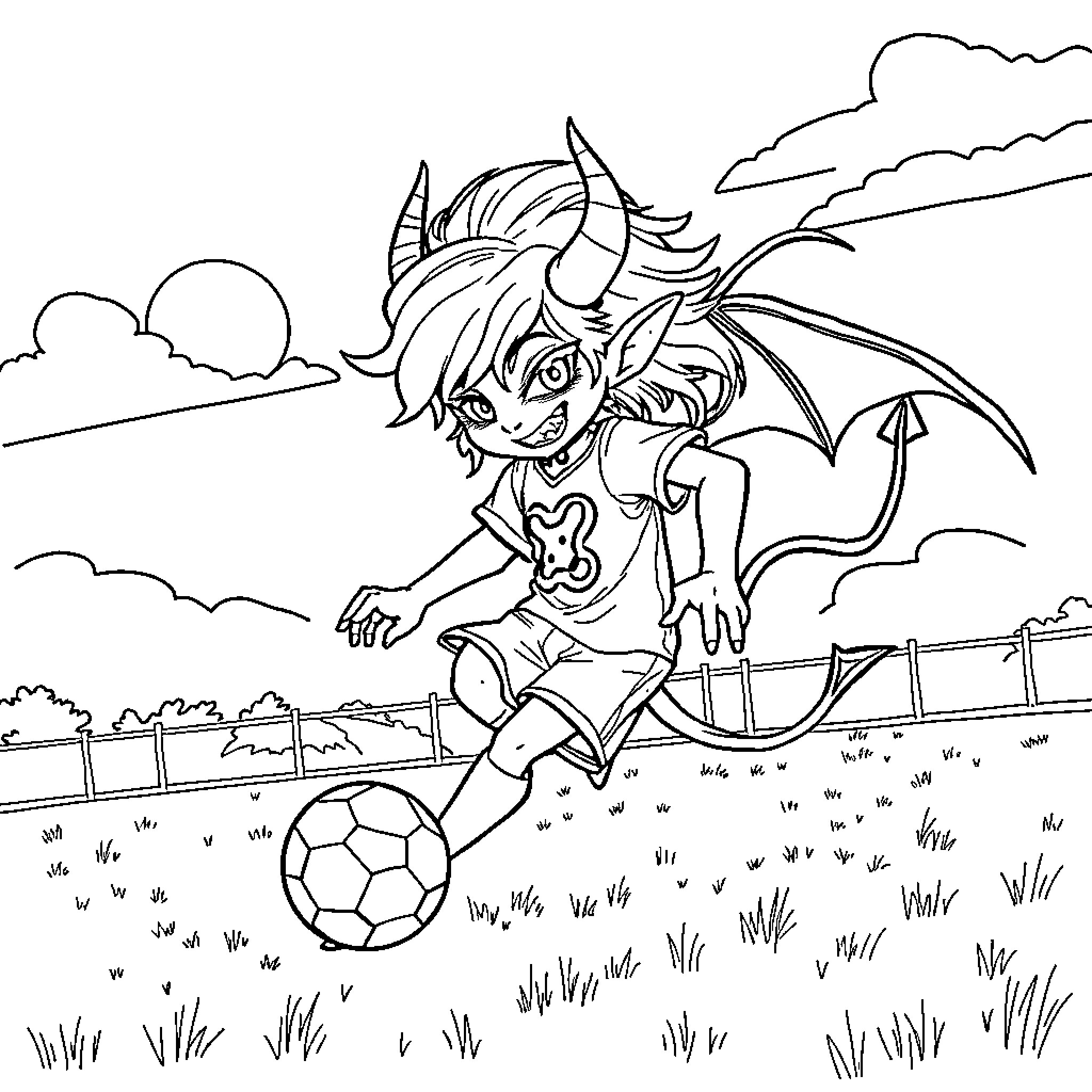Demon child kicking soccer ball in the field Coloring Page (free black-and-white line drawing printable PDF for all, from beginners to advanced learners, including children, teens, adults, and seniors)