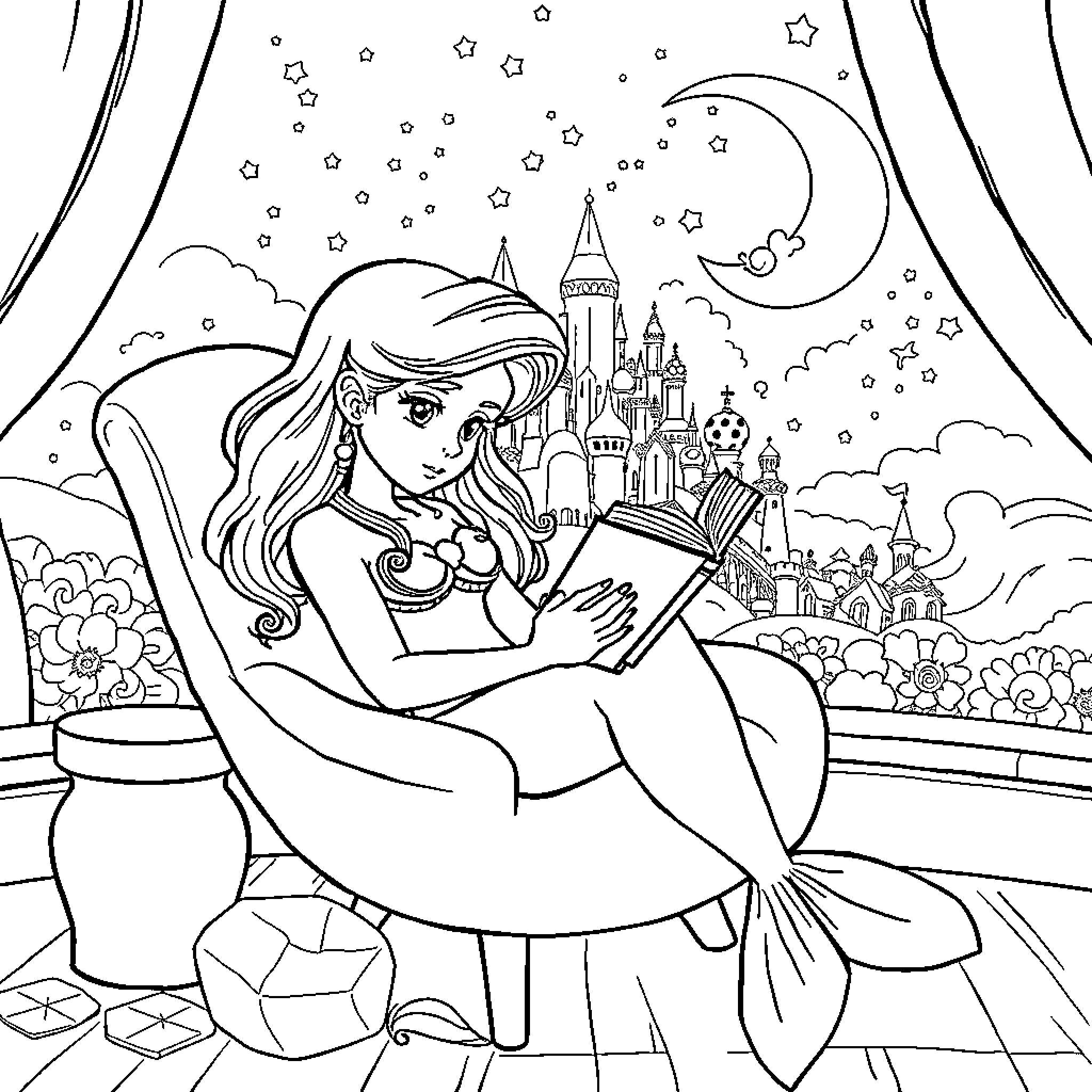 Ariel's Enchanting Castle Reverie Coloring Page (free black-and-white line drawing printable PDF for all, from beginners to advanced learners, including children, teens, adults, and seniors)