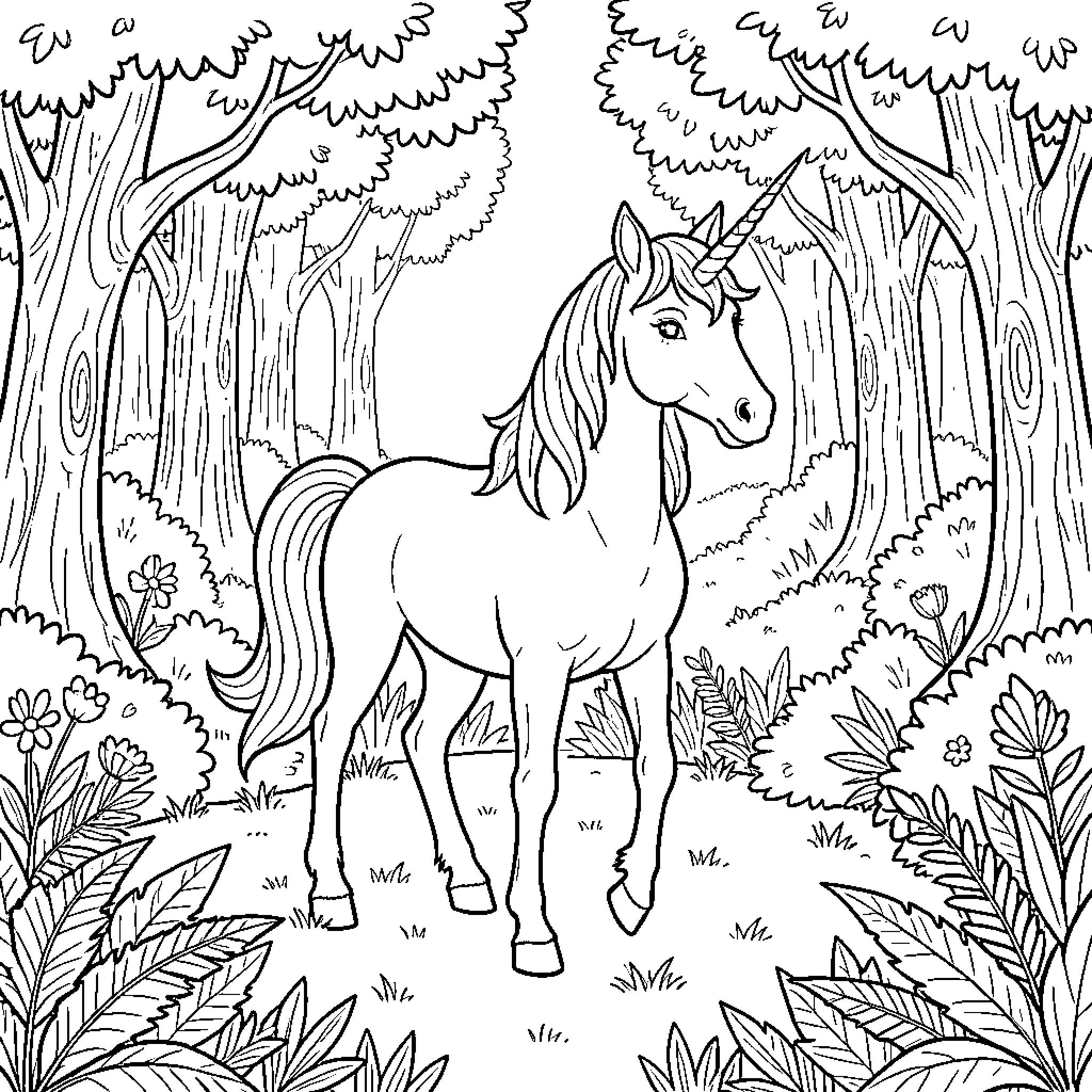 Unicorn standing peacefully in a lush forest Coloring Page (free black-and-white line drawing printable PDF for all, from beginners to advanced learners, including children, teens, adults, and seniors)