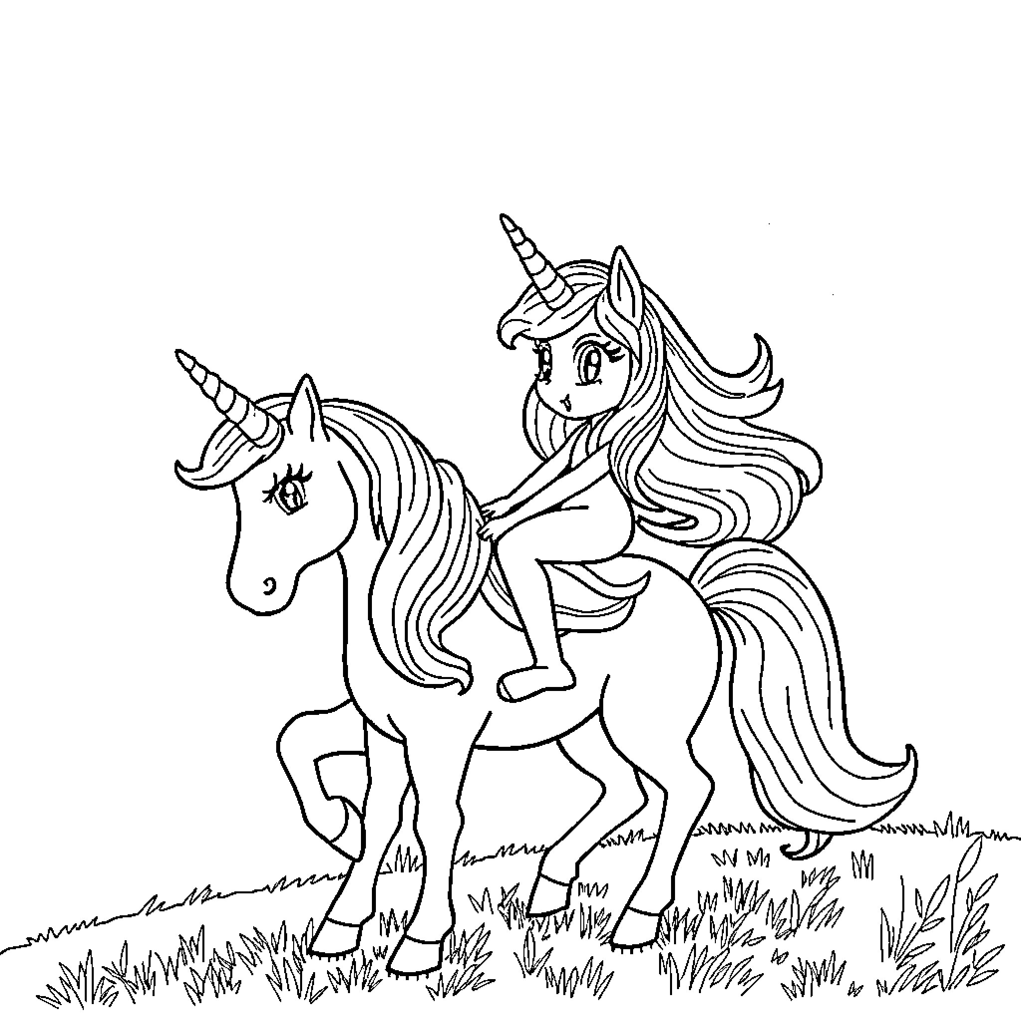 Huntrix Unicorns Prancing in Enchanted Meadow Coloring Page (free black-and-white line drawing printable PDF for all, from beginners to advanced learners, including children, teens, adults, and seniors)