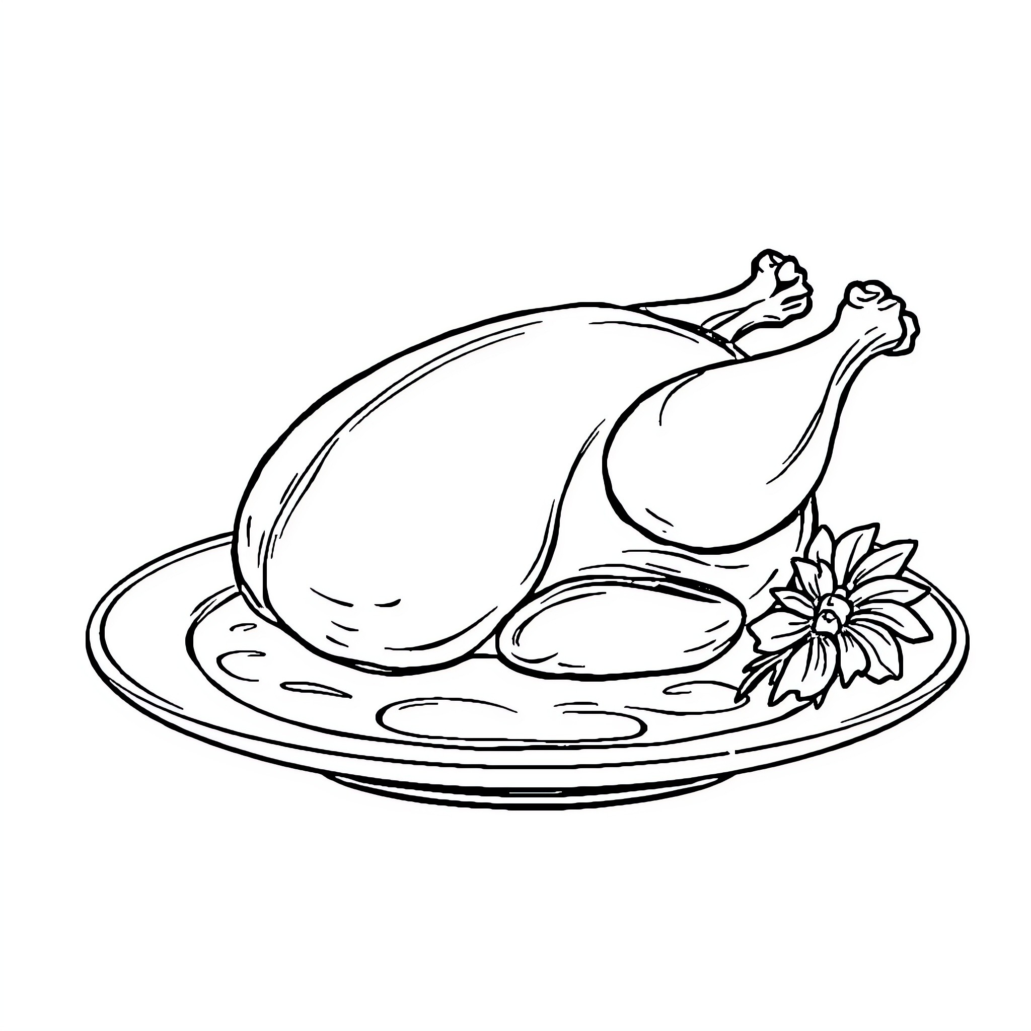 Chicken Roasted with Flower Garnish Coloring Page (free black-and-white line drawing printable PDF for all, from beginners to advanced learners, including children, teens, adults, and seniors)