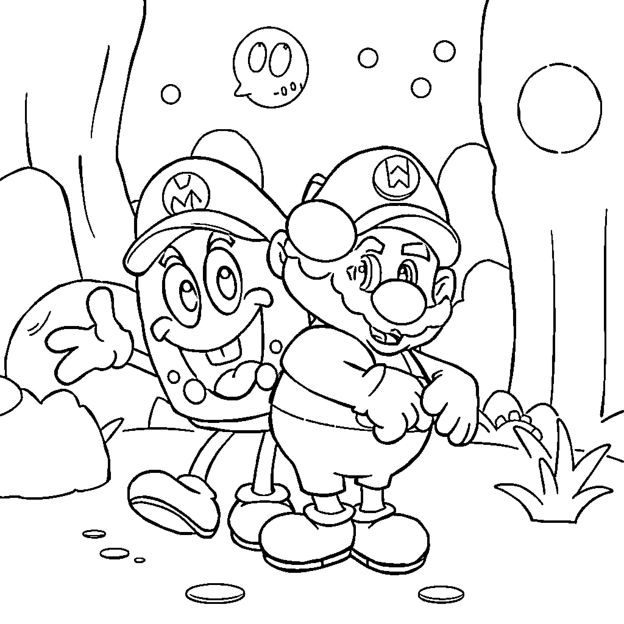 Spongebob and Patrick in an underwater adventure Coloring Page (free black-and-white line drawing printable PDF for all, from beginners to advanced learners, including children, teens, adults, and seniors)