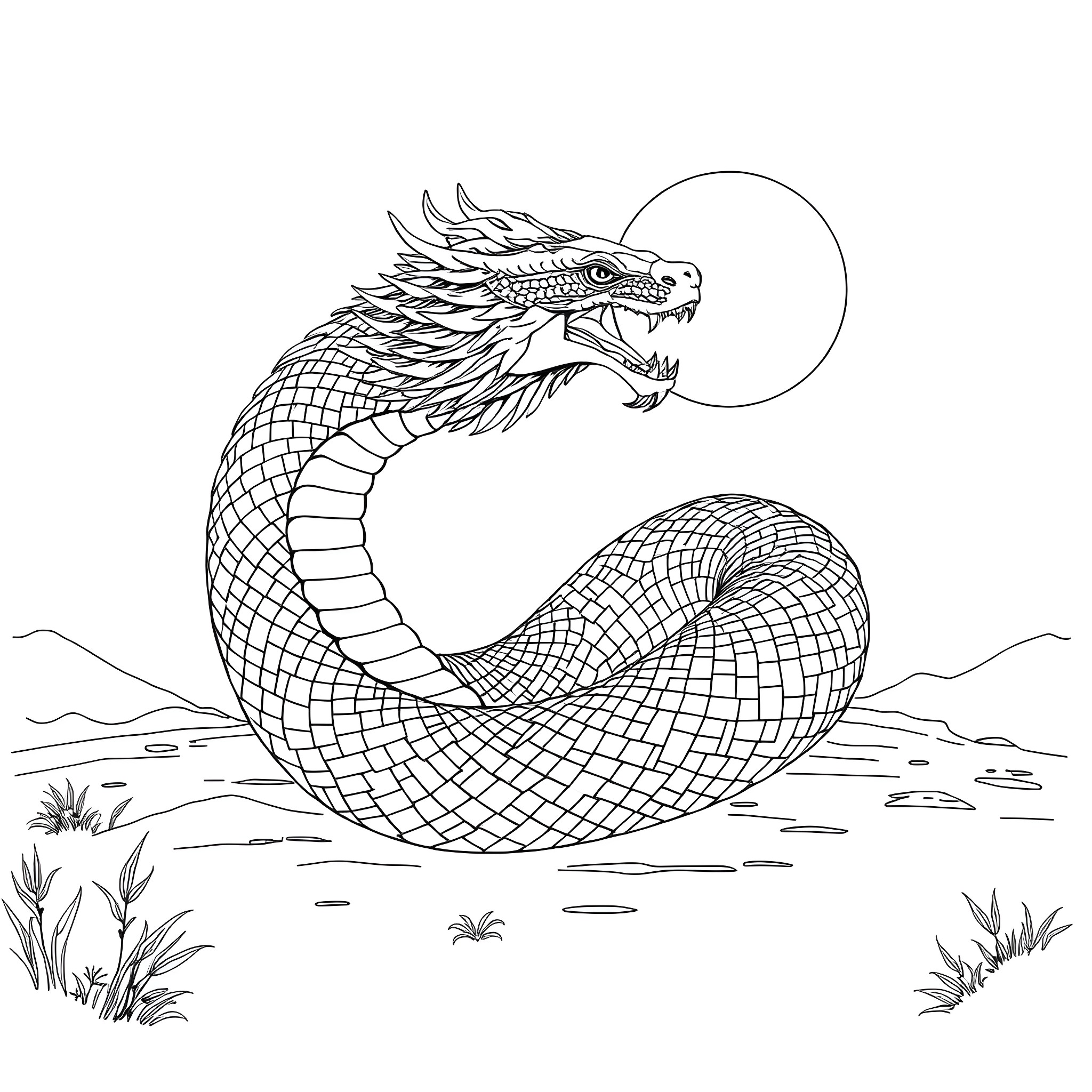 Uktena, the Mythical Serpent Unleashed Coloring Page (free black-and-white line drawing printable PDF for all, from beginners to advanced learners, including children, teens, adults, and seniors)