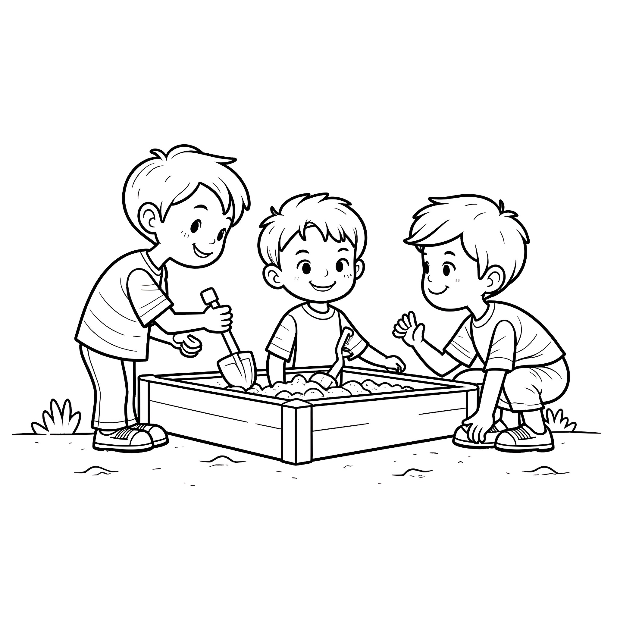Boy Enjoying Outdoor Play with Friends Coloring Page (free black-and-white line drawing printable PDF for all, from beginners to advanced learners, including children, teens, adults, and seniors)