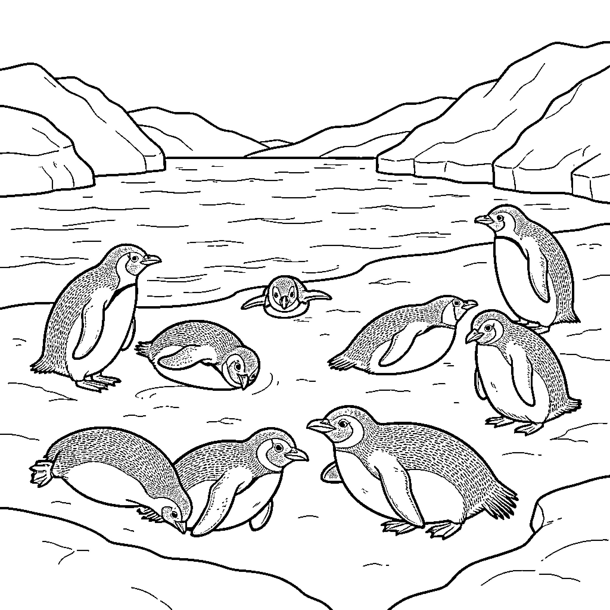 Penguins sliding and playing on the ice Coloring Page (free black-and-white line drawing printable PDF for all, from beginners to advanced learners, including children, teens, adults, and seniors)
