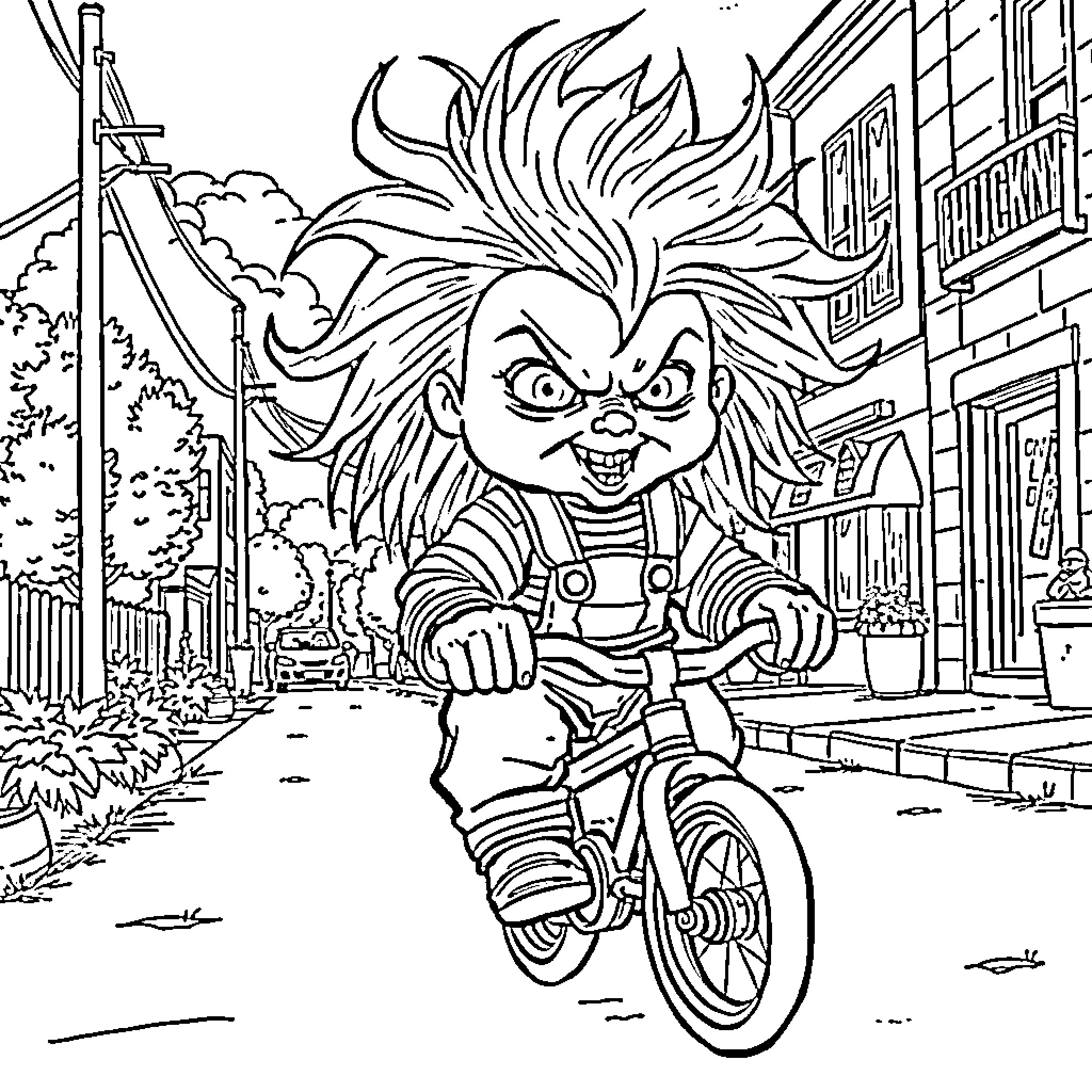 Chucky's Mischievous Bicycle Ride Coloring Page (free black-and-white line drawing printable PDF for all, from beginners to advanced learners, including children, teens, adults, and seniors)