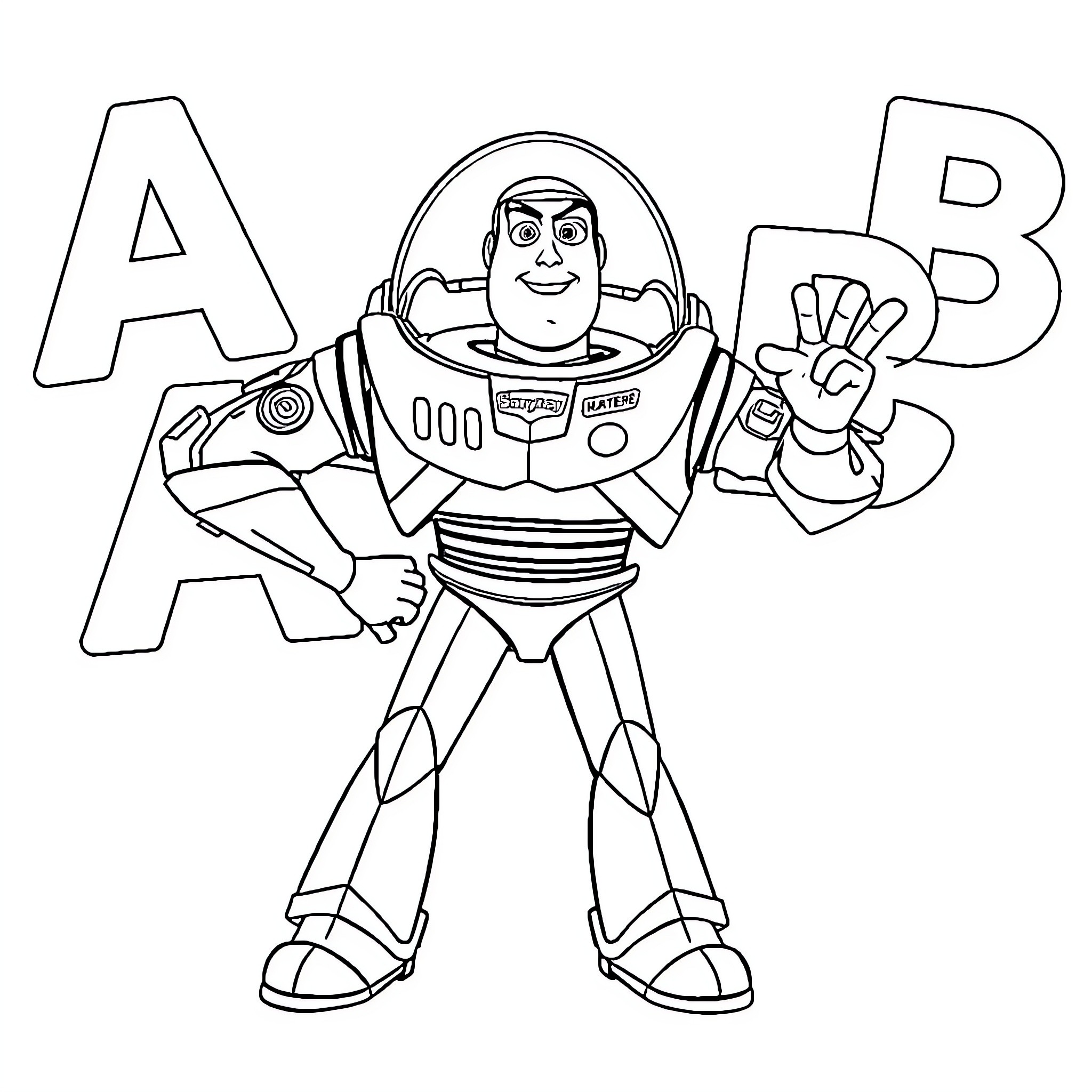 Buzz Lightyear posing with space suit and making gesture Coloring Page (free black-and-white line drawing printable PDF for all, from beginners to advanced learners, including children, teens, adults, and seniors)