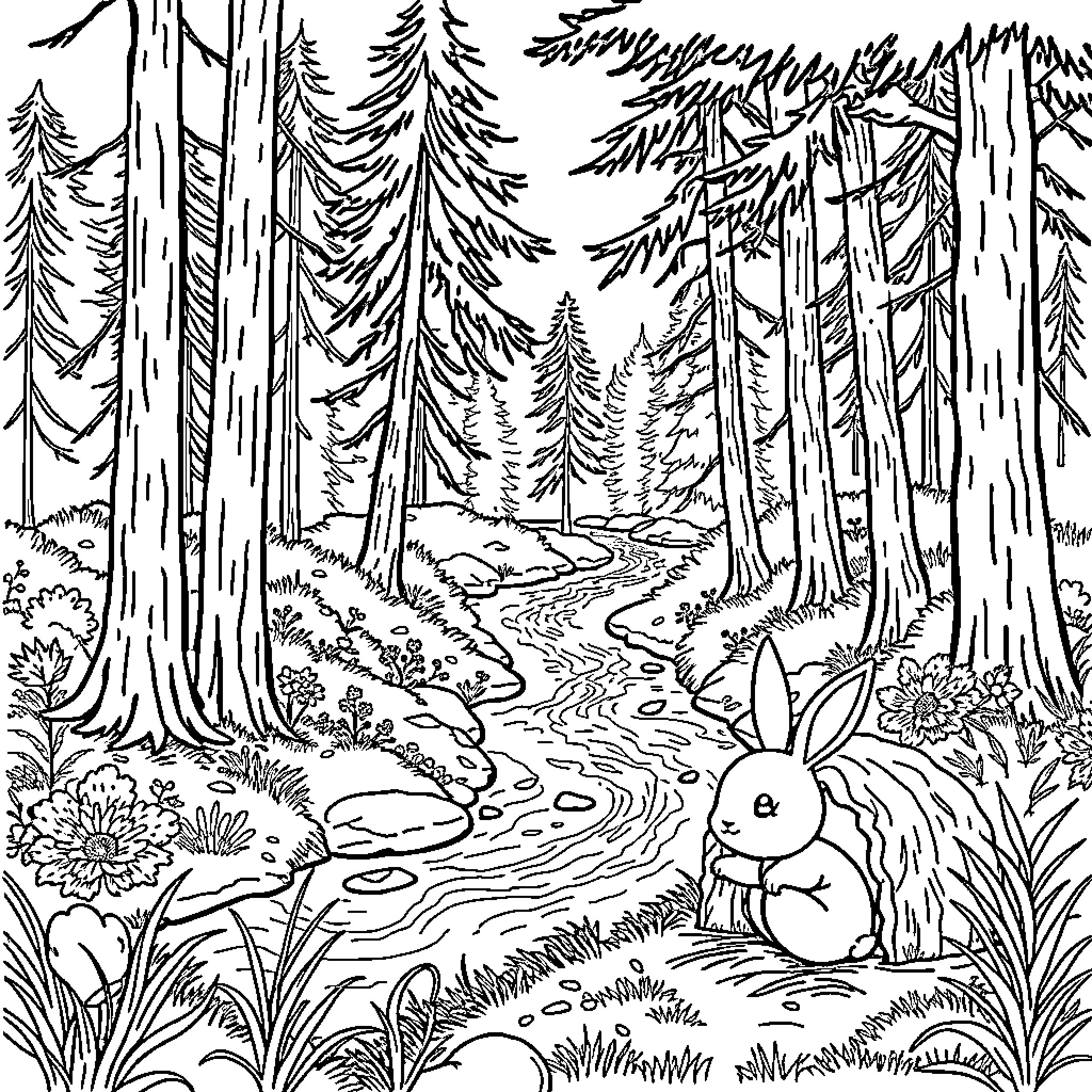 Bunny exploring the enchanted forest Coloring Page (free black-and-white line drawing printable PDF for all, from beginners to advanced learners, including children, teens, adults, and seniors)