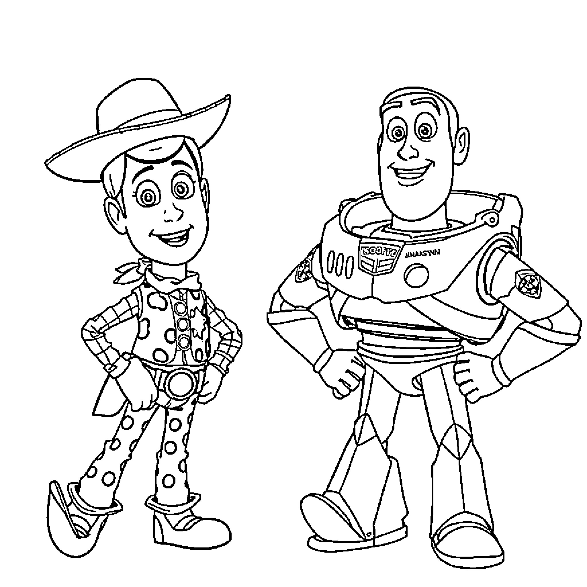 Woody and Buzz in playful adventure Coloring Page (free black-and-white line drawing printable PDF for all, from beginners to advanced learners, including children, teens, adults, and seniors)