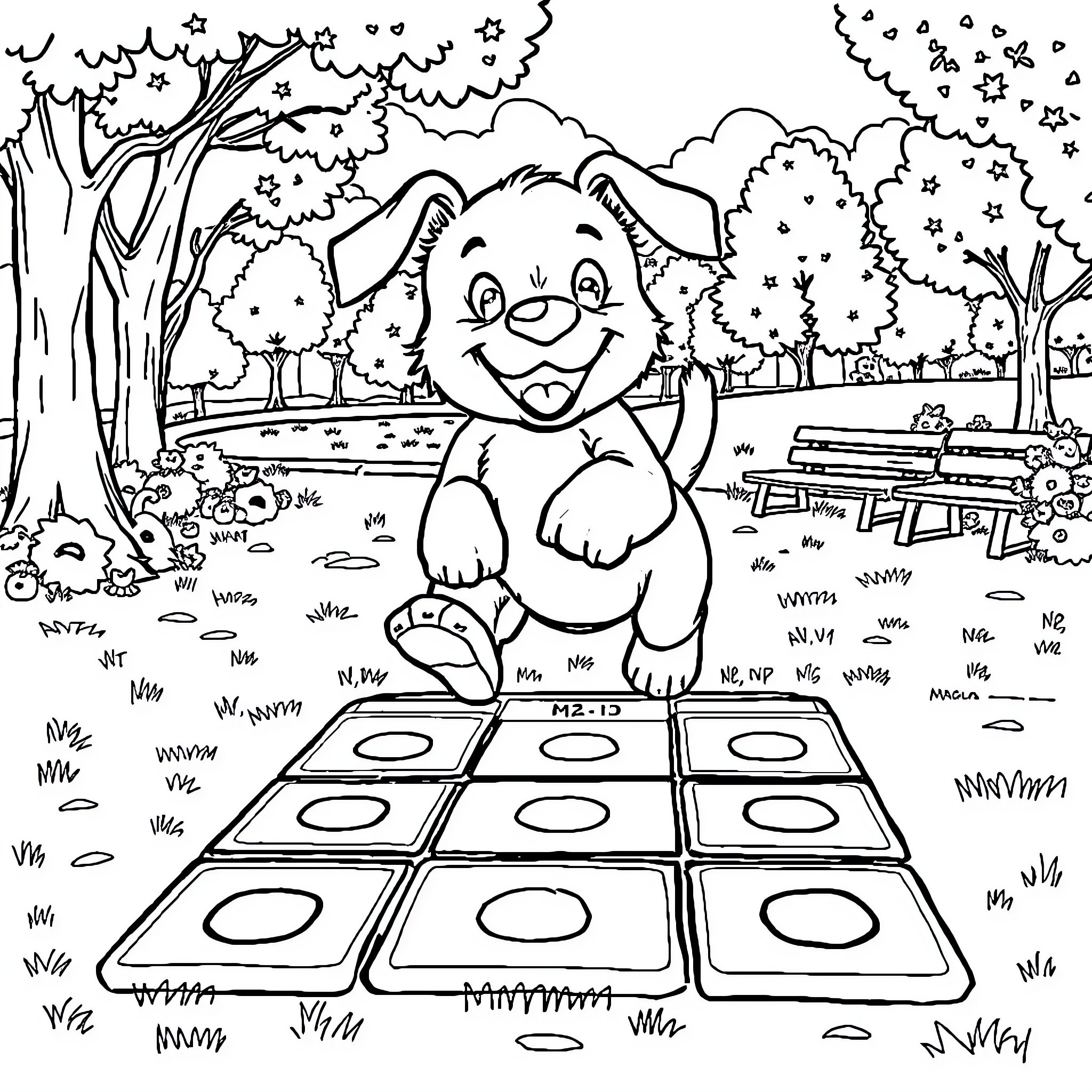 Bluey Playing Joyfully in the Park Coloring Page (free black-and-white line drawing printable PDF for all, from beginners to advanced learners, including children, teens, adults, and seniors)