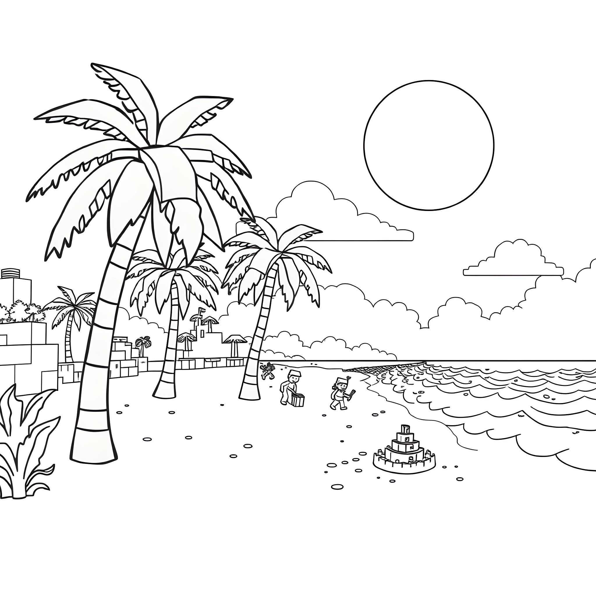 Minecraft beach scene with palm trees and waves Coloring Page (free black-and-white line drawing printable PDF for all, from beginners to advanced learners, including children, teens, adults, and seniors)