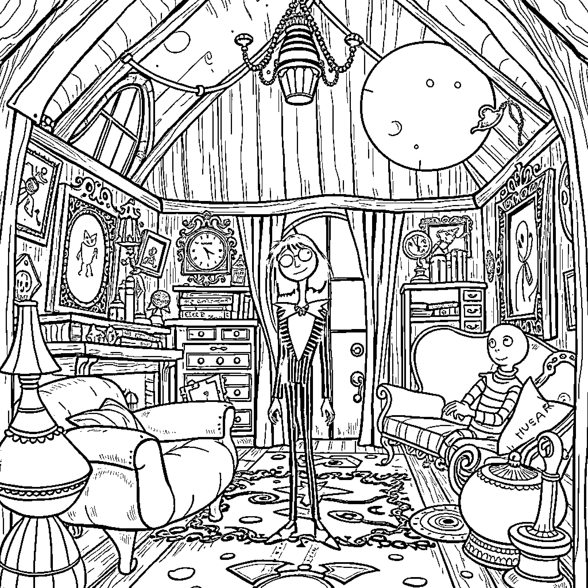 Coraline's Whimsical and Eccentric Bedroom Adventure Coloring Page (free black-and-white line drawing printable PDF for all, from beginners to advanced learners, including children, teens, adults, and seniors)