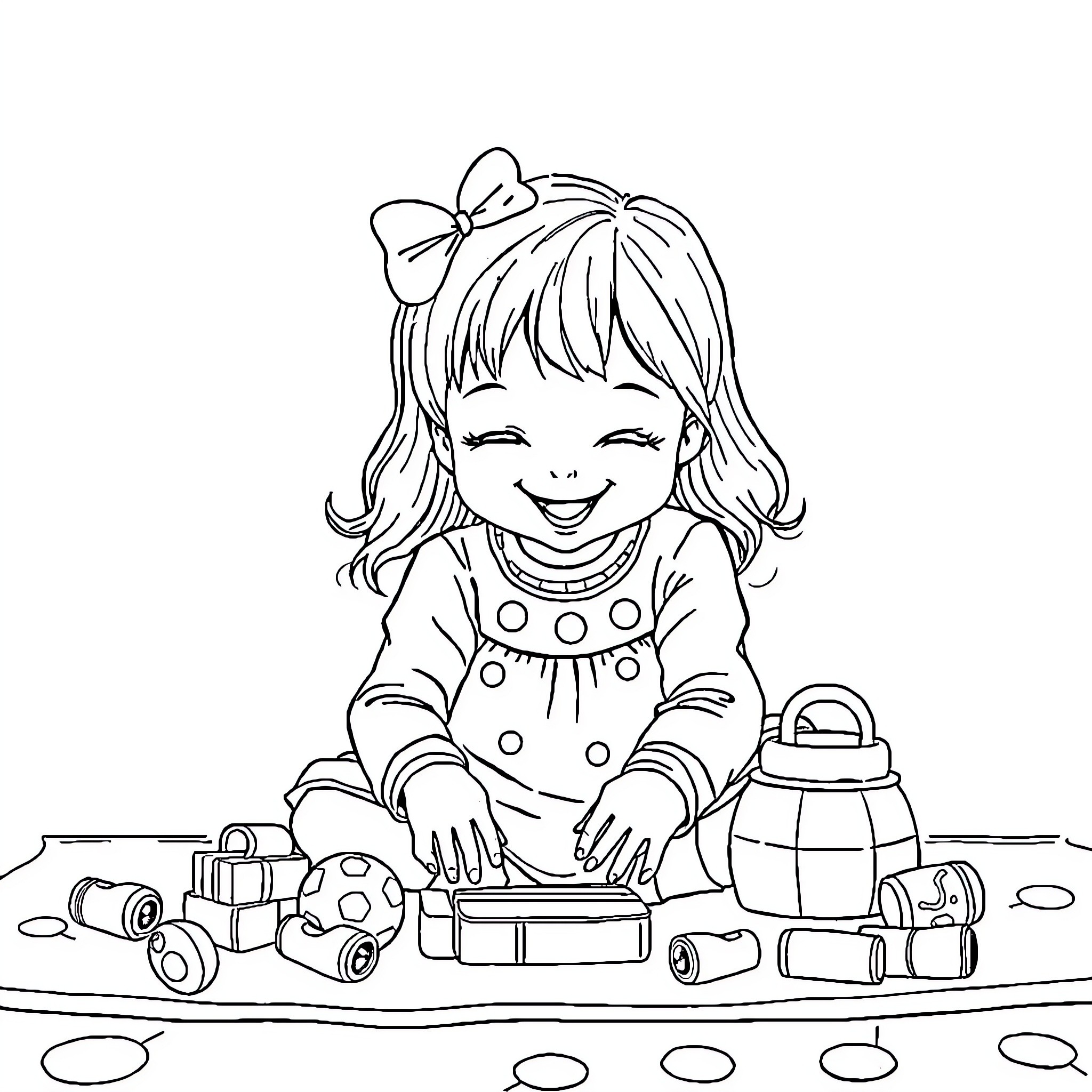 Girl playing with toys on the floor Coloring Page (free black-and-white line drawing printable PDF for all, from beginners to advanced learners, including children, teens, adults, and seniors)