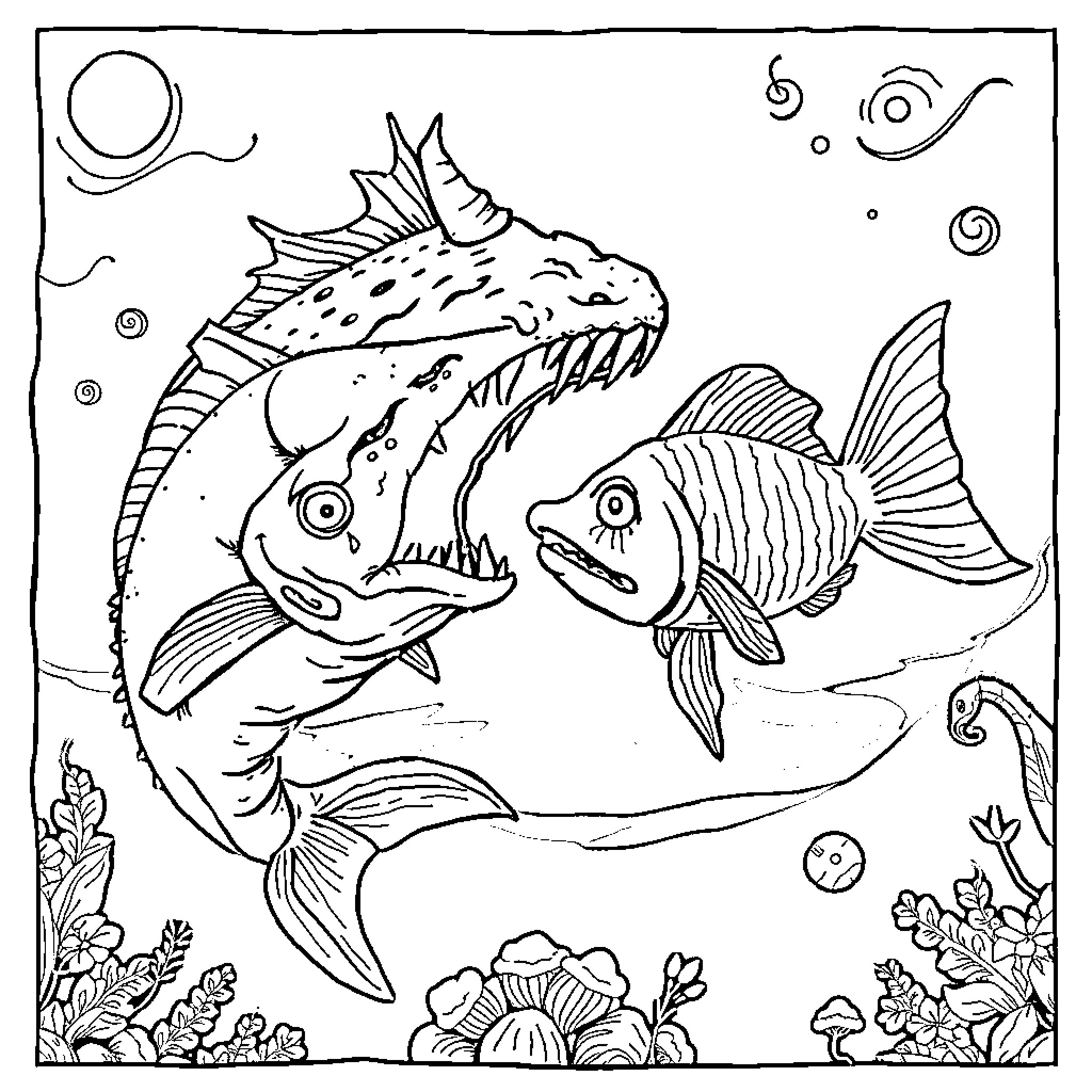 Monster fish swimming in the ocean Coloring Page (free black-and-white line drawing printable PDF for all, from beginners to advanced learners, including children, teens, adults, and seniors)