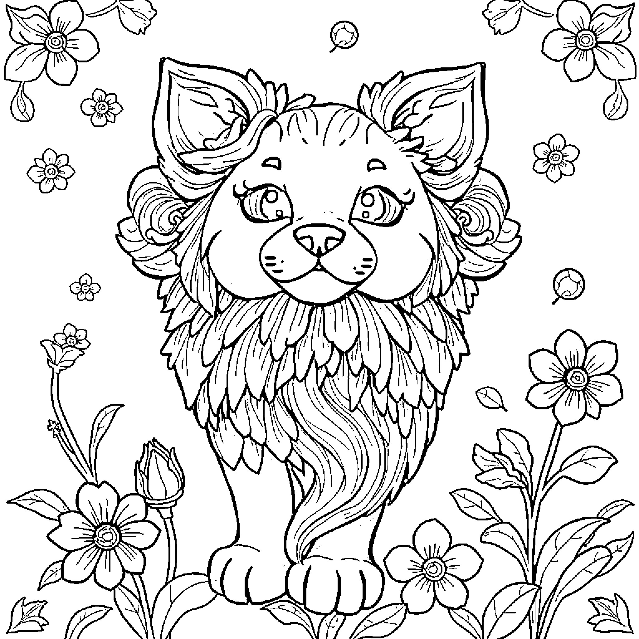 Puma surrounded by whimsical floral decorations Coloring Page (free black-and-white line drawing printable PDF for all, from beginners to advanced learners, including children, teens, adults, and seniors)