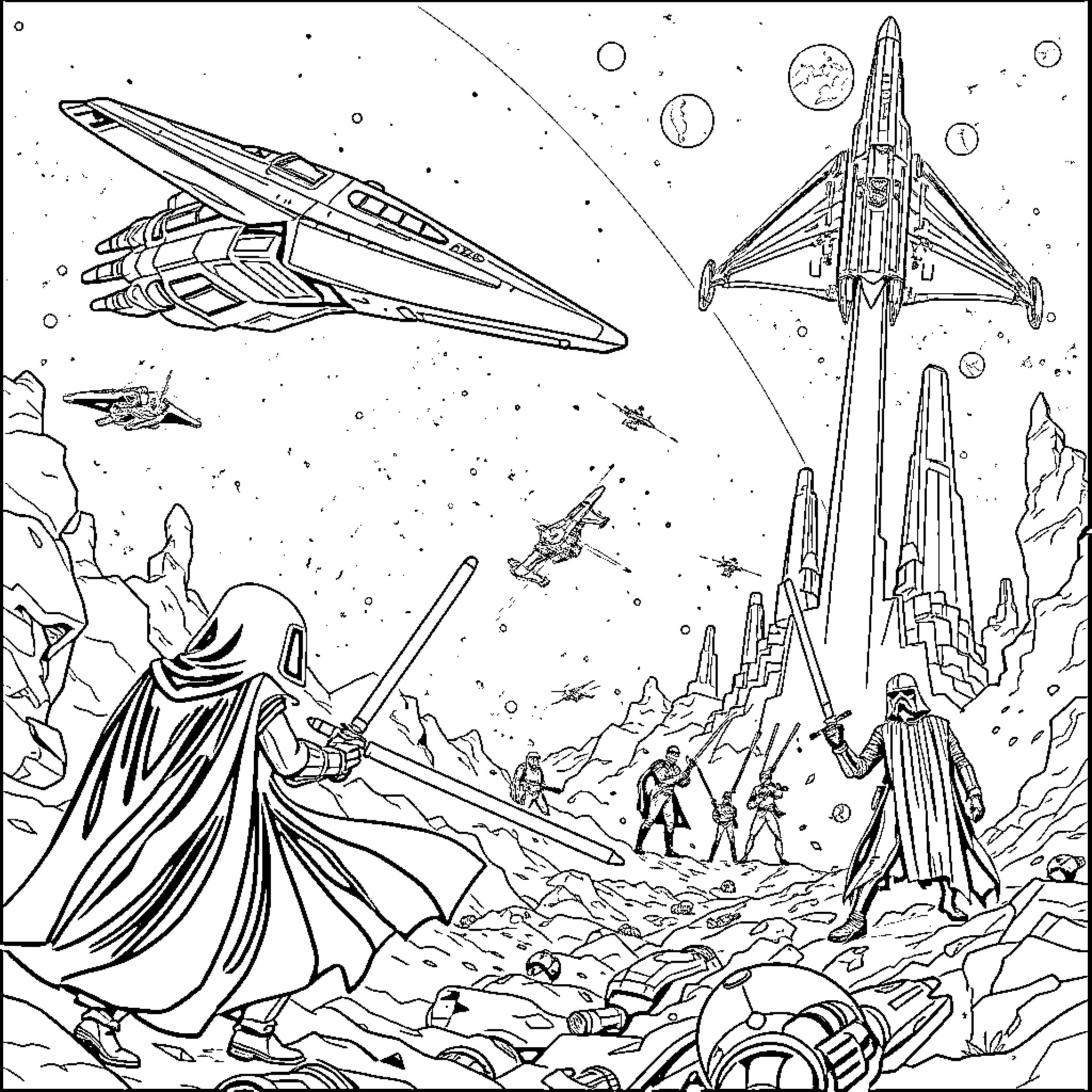 Star Wars: Galactic Battle in the Cosmos Coloring Page (free black-and-white line drawing printable PDF for all, from beginners to advanced learners, including children, teens, adults, and seniors)