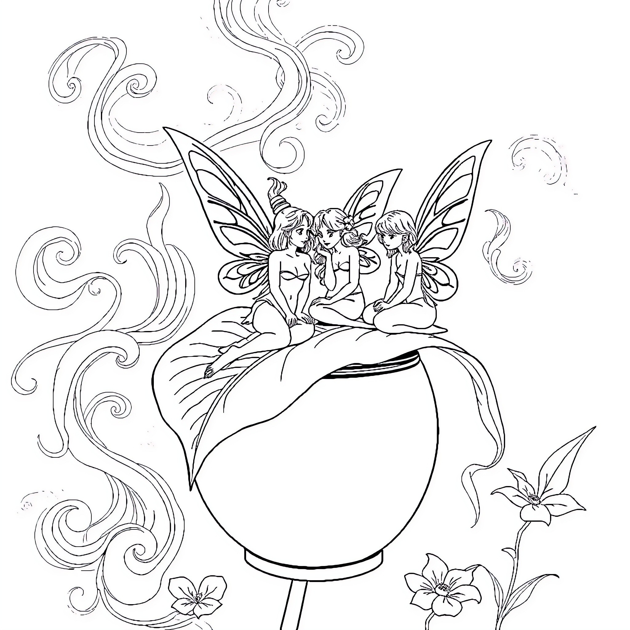 Fairy Fairies Resting on Flower Pot Coloring Page (free black-and-white line drawing printable PDF for all, from beginners to advanced learners, including children, teens, adults, and seniors)