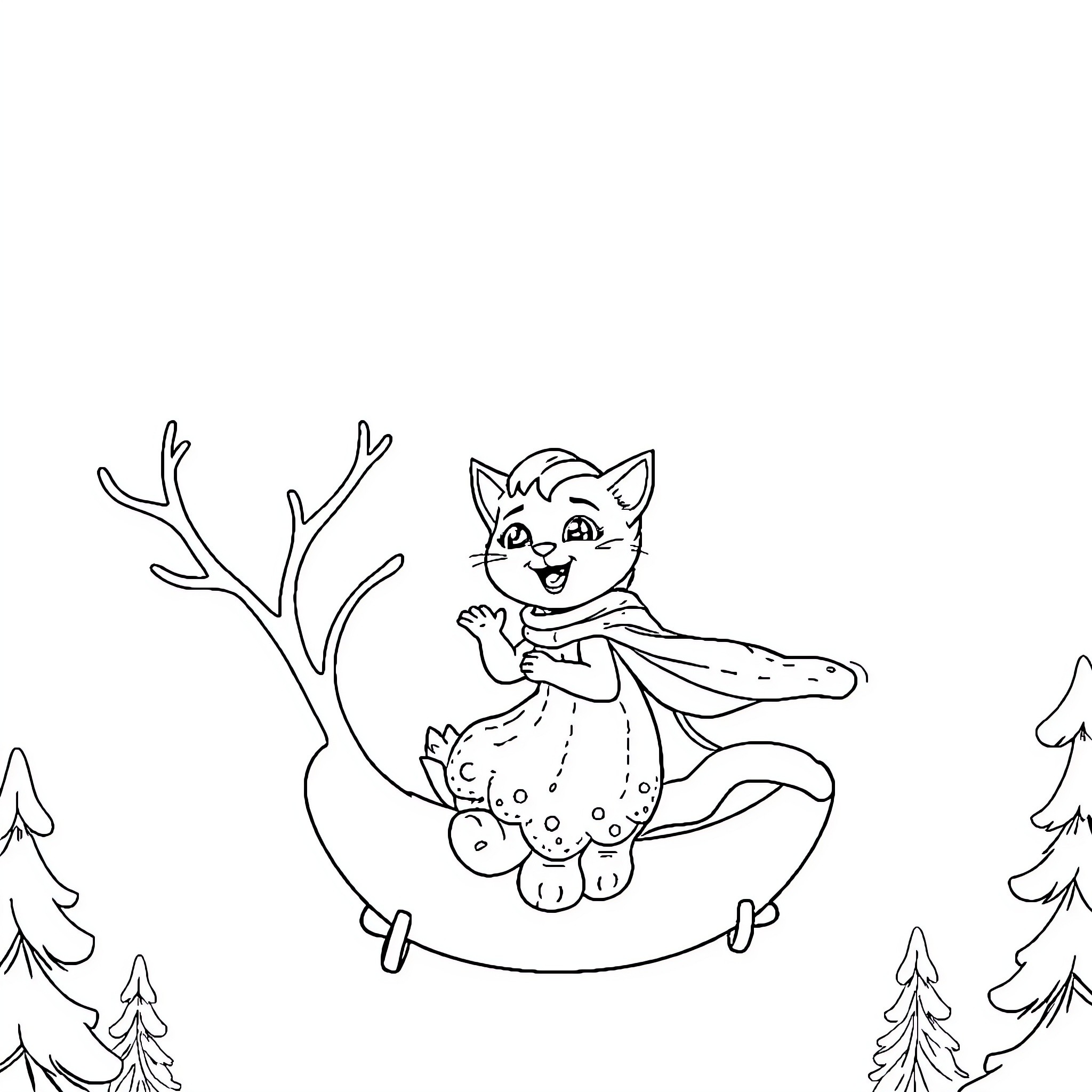 Gabby the playful cat frolicking in the winter wonderland Coloring Page (free black-and-white line drawing printable PDF for all, from beginners to advanced learners, including children, teens, adults, and seniors)