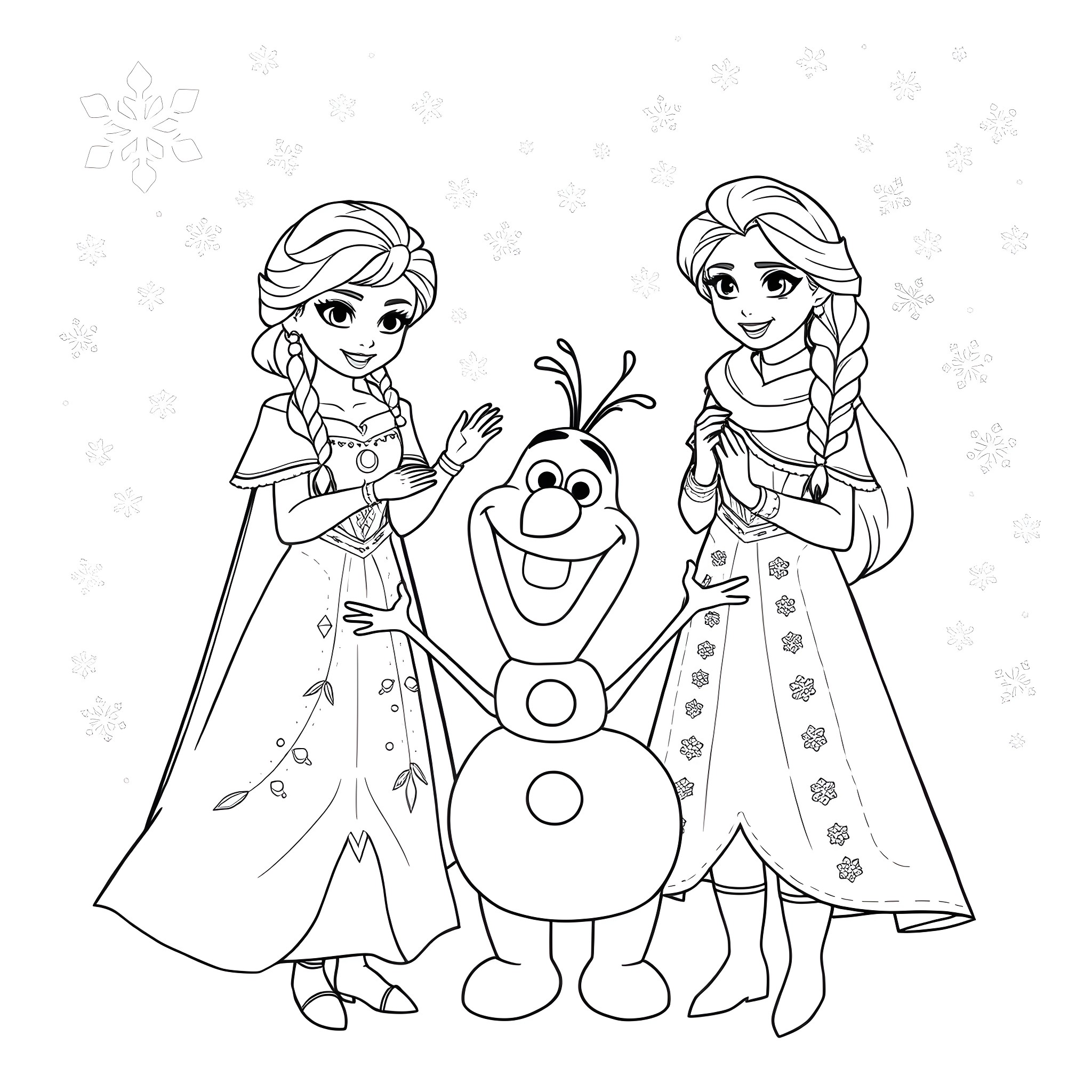 Olaf and the Magical Snow Sisters Coloring Page (free black-and-white line drawing printable PDF for all, from beginners to advanced learners, including children, teens, adults, and seniors)