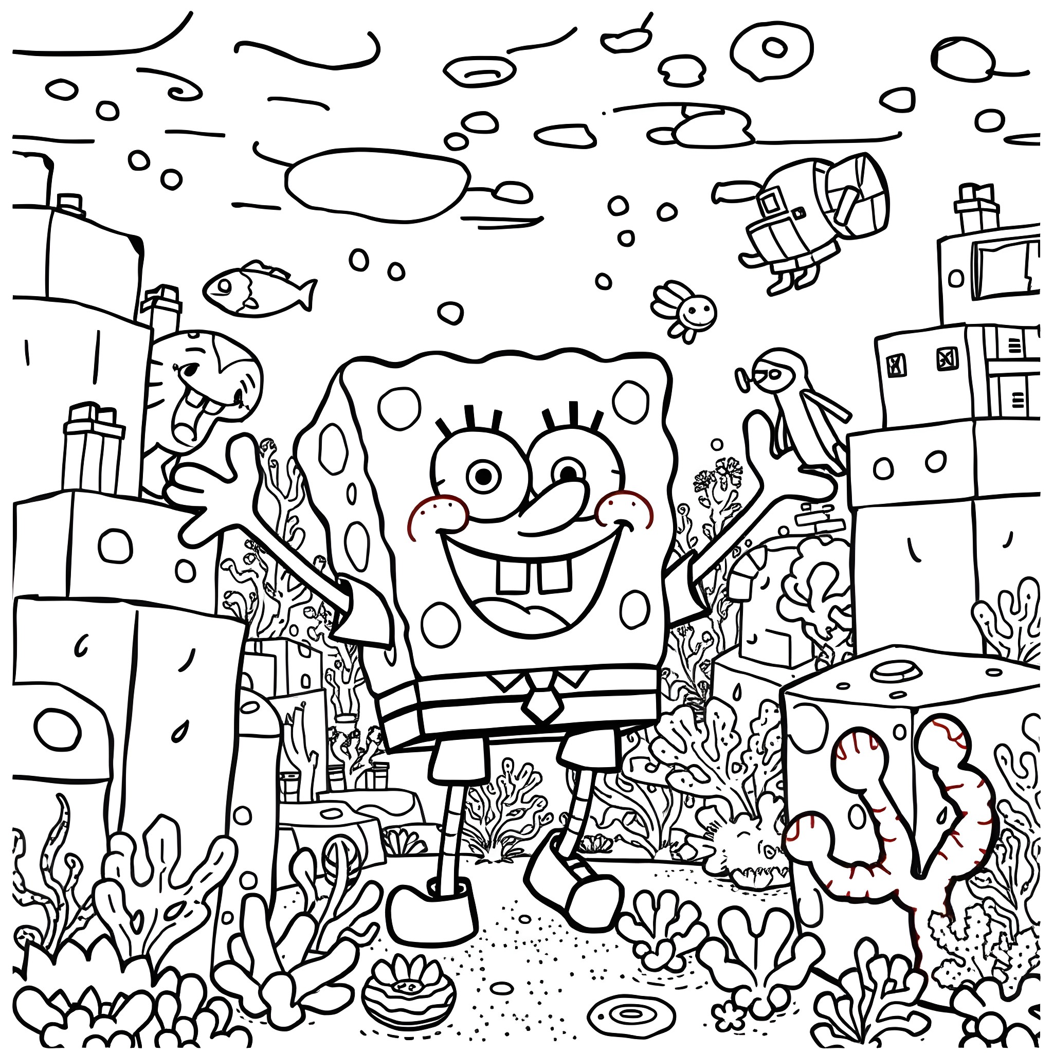 Spongebob exploring the underwater world with friends Coloring Page (free black-and-white line drawing printable PDF for all, from beginners to advanced learners, including children, teens, adults, and seniors)