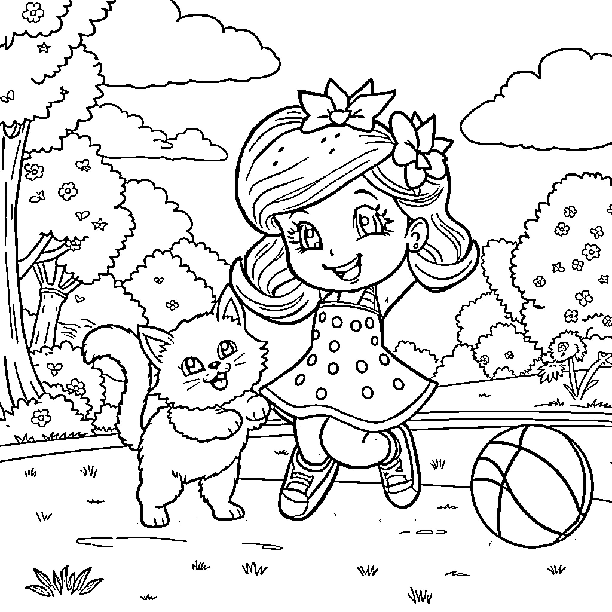 Strawberry Shortcake playing happily with her puppy friend Coloring Page (free black-and-white line drawing printable PDF for all, from beginners to advanced learners, including children, teens, adults, and seniors)