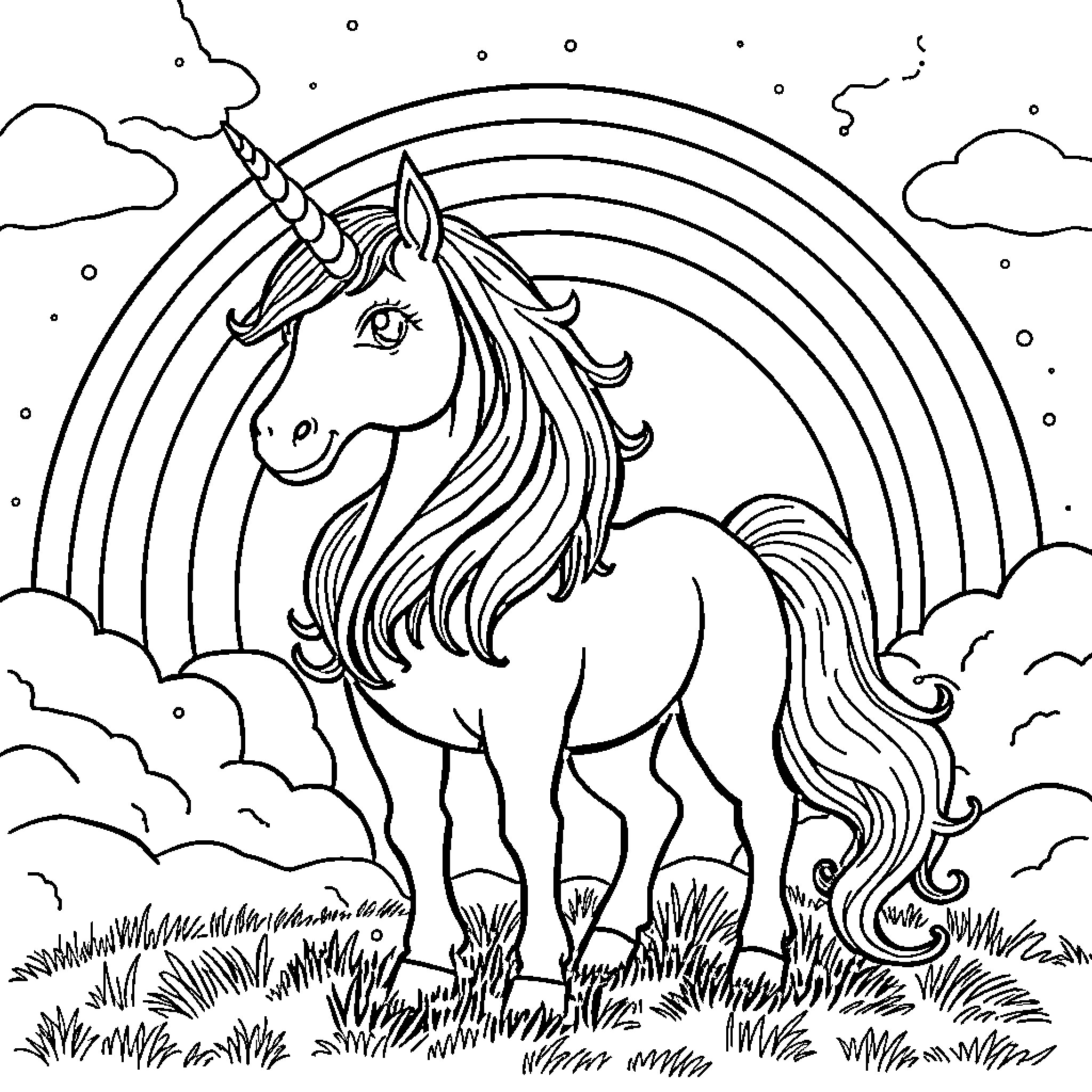 Unicorn standing in a magical field with rainbow Coloring Page (free black-and-white line drawing printable PDF for all, from beginners to advanced learners, including children, teens, adults, and seniors)
