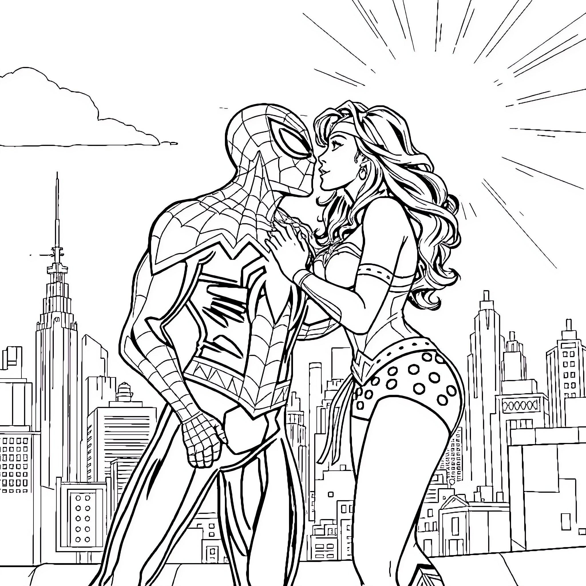 Spiderman and Lady Embracing on Rooftop Coloring Page (free black-and-white line drawing printable PDF for all, from beginners to advanced learners, including children, teens, adults, and seniors)
