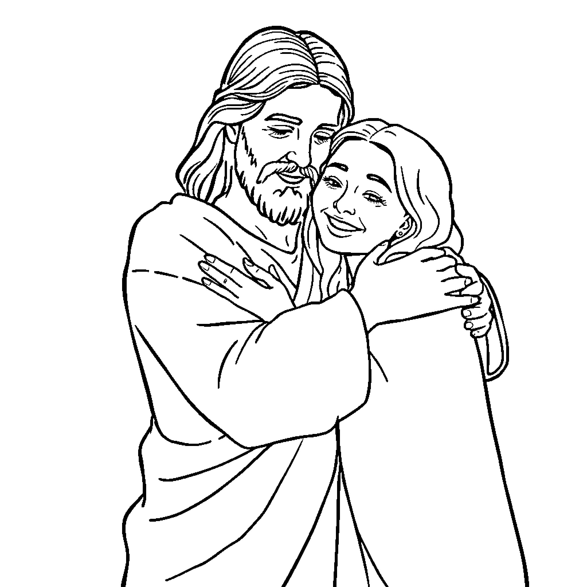 Jesus embracing woman in loving embrace Coloring Page (free black-and-white line drawing printable PDF for all, from beginners to advanced learners, including children, teens, adults, and seniors)