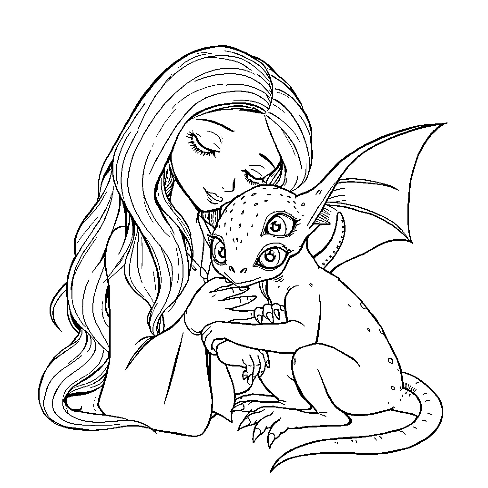 Luna Lovegood embracing a magical creature Coloring Page (free black-and-white line drawing printable PDF for all, from beginners to advanced learners, including children, teens, adults, and seniors)
