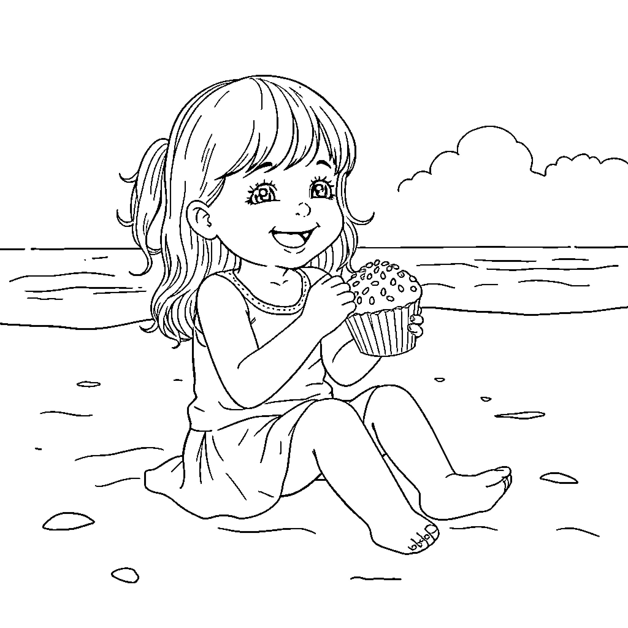 Girl enjoying a cupcake on the beach Coloring Page (free black-and-white line drawing printable PDF for all, from beginners to advanced learners, including children, teens, adults, and seniors)