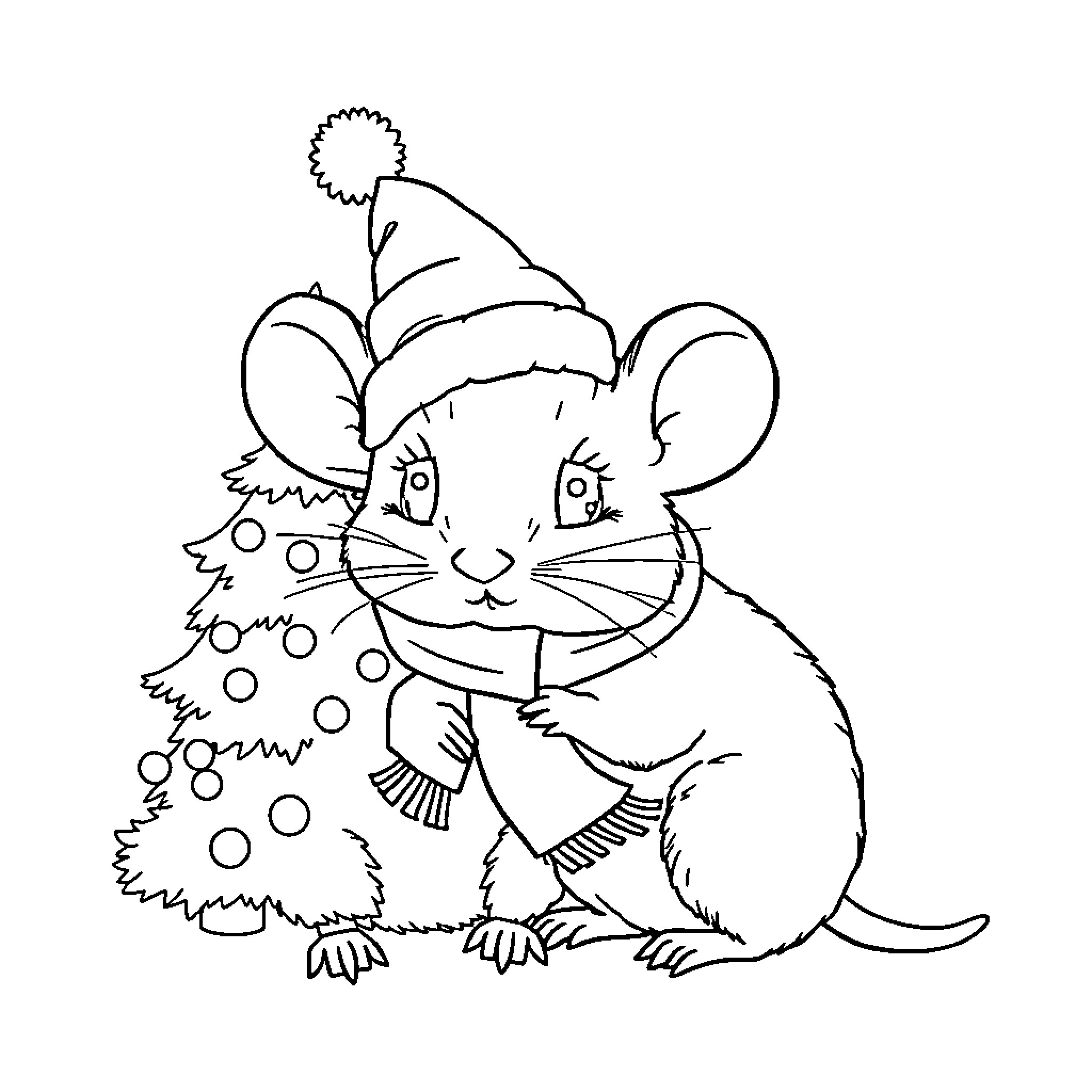 Mouse wearing festive hat and scarf Coloring Page (free black-and-white line drawing printable PDF for all, from beginners to advanced learners, including children, teens, adults, and seniors)