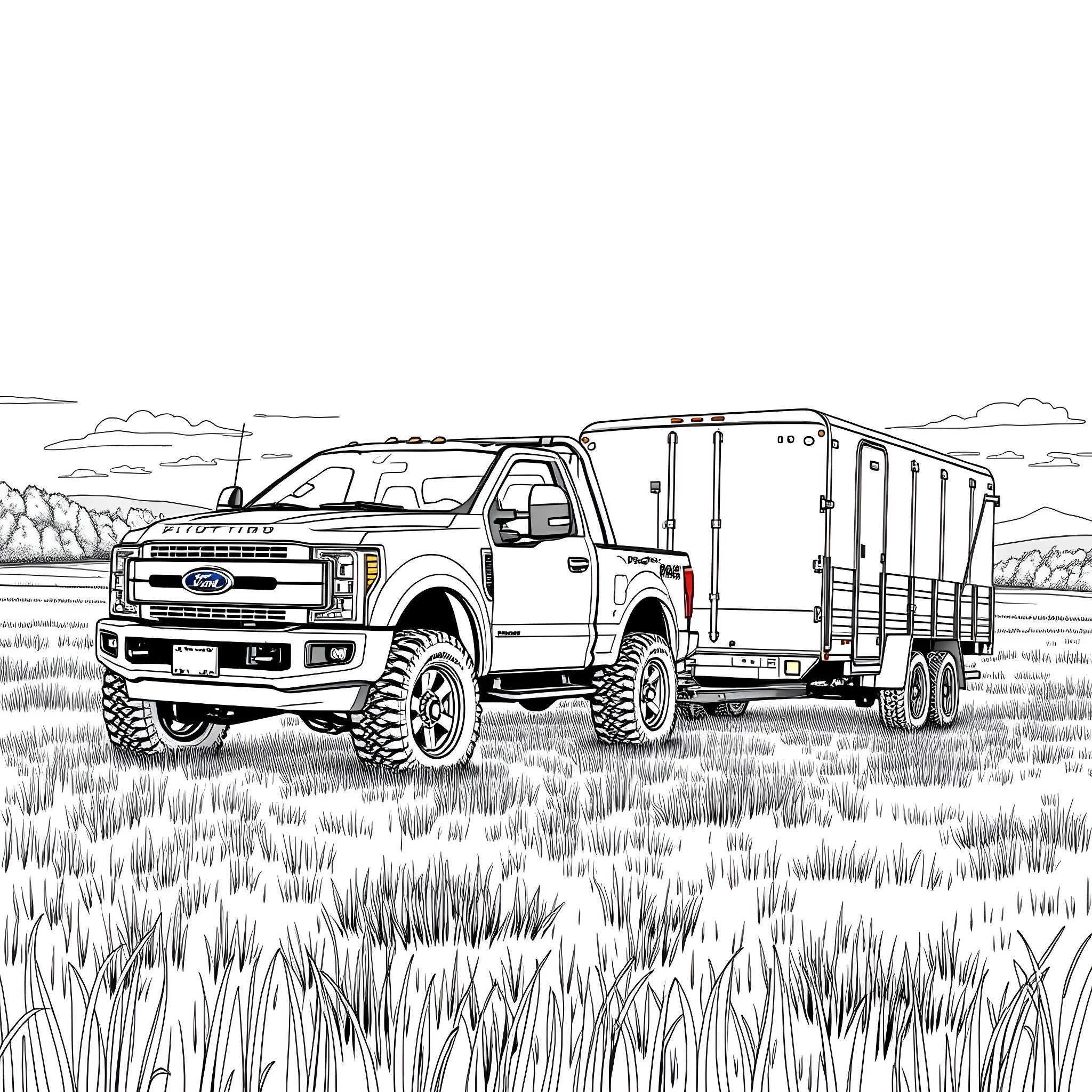 Truck carrying heavy load in rural landscape Coloring Page (free black-and-white line drawing printable PDF for all, from beginners to advanced learners, including children, teens, adults, and seniors)
