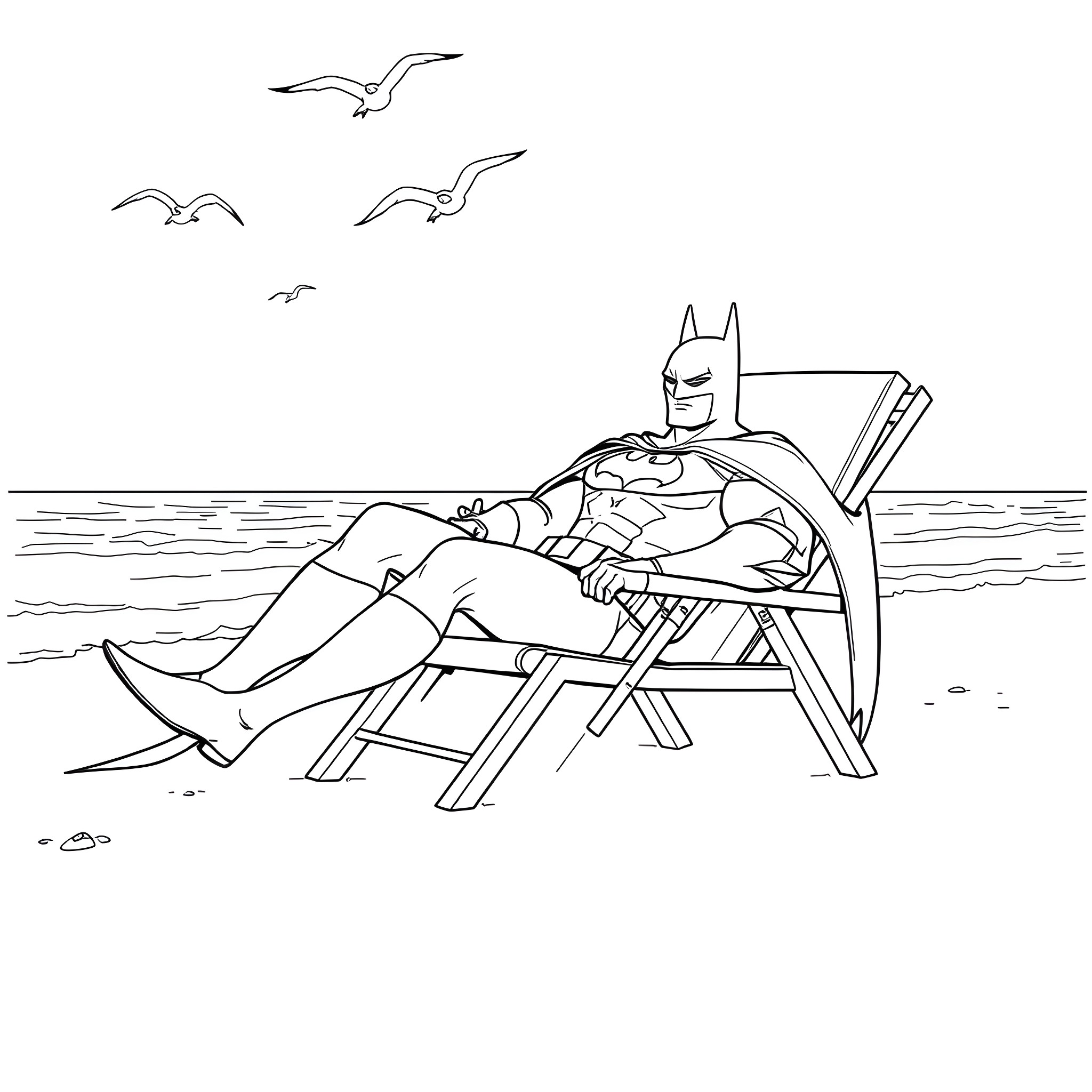 Batman relaxing on a beach chair Coloring Page (free black-and-white line drawing printable PDF for all, from beginners to advanced learners, including children, teens, adults, and seniors)
