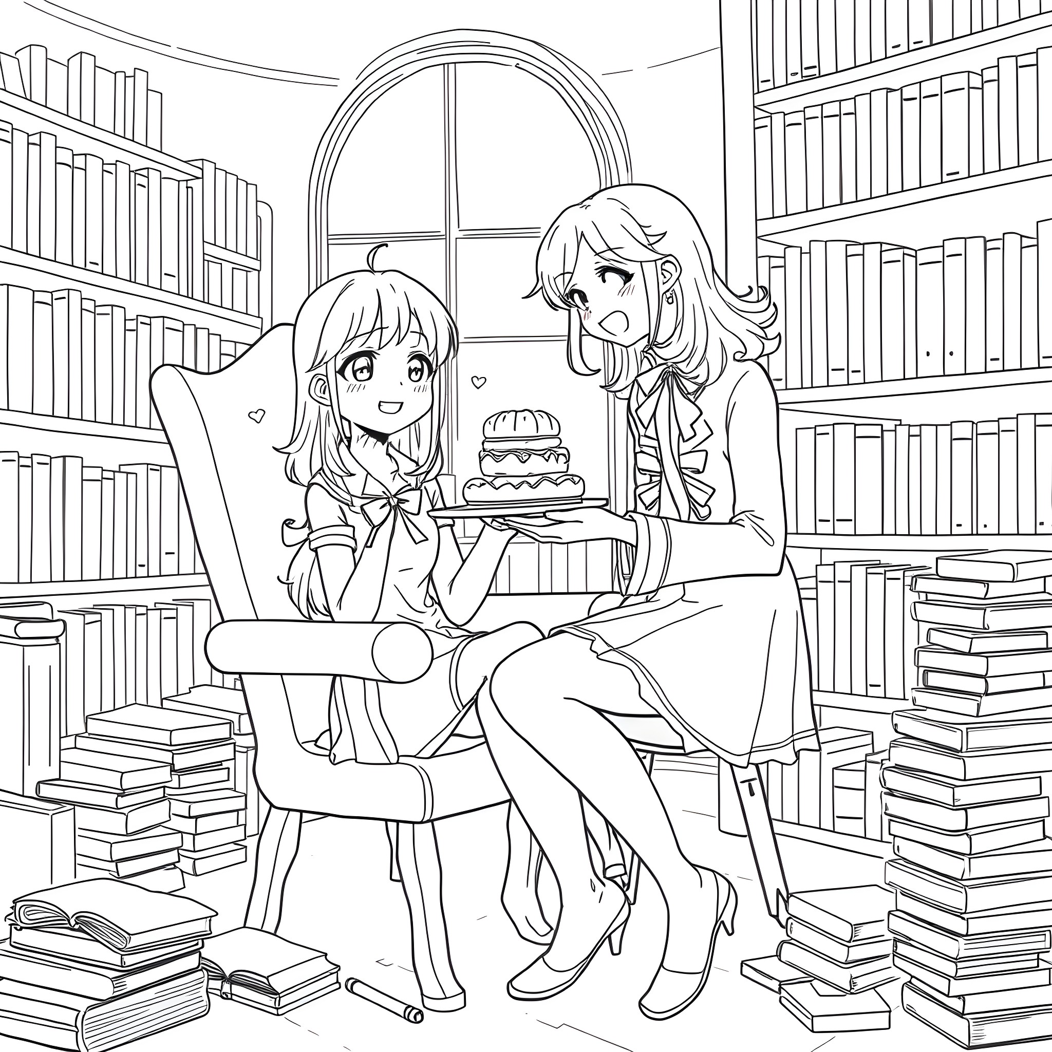 Natsuki's Birthday Celebration in the Library Coloring Page (free black-and-white line drawing printable PDF for all, from beginners to advanced learners, including children, teens, adults, and seniors)