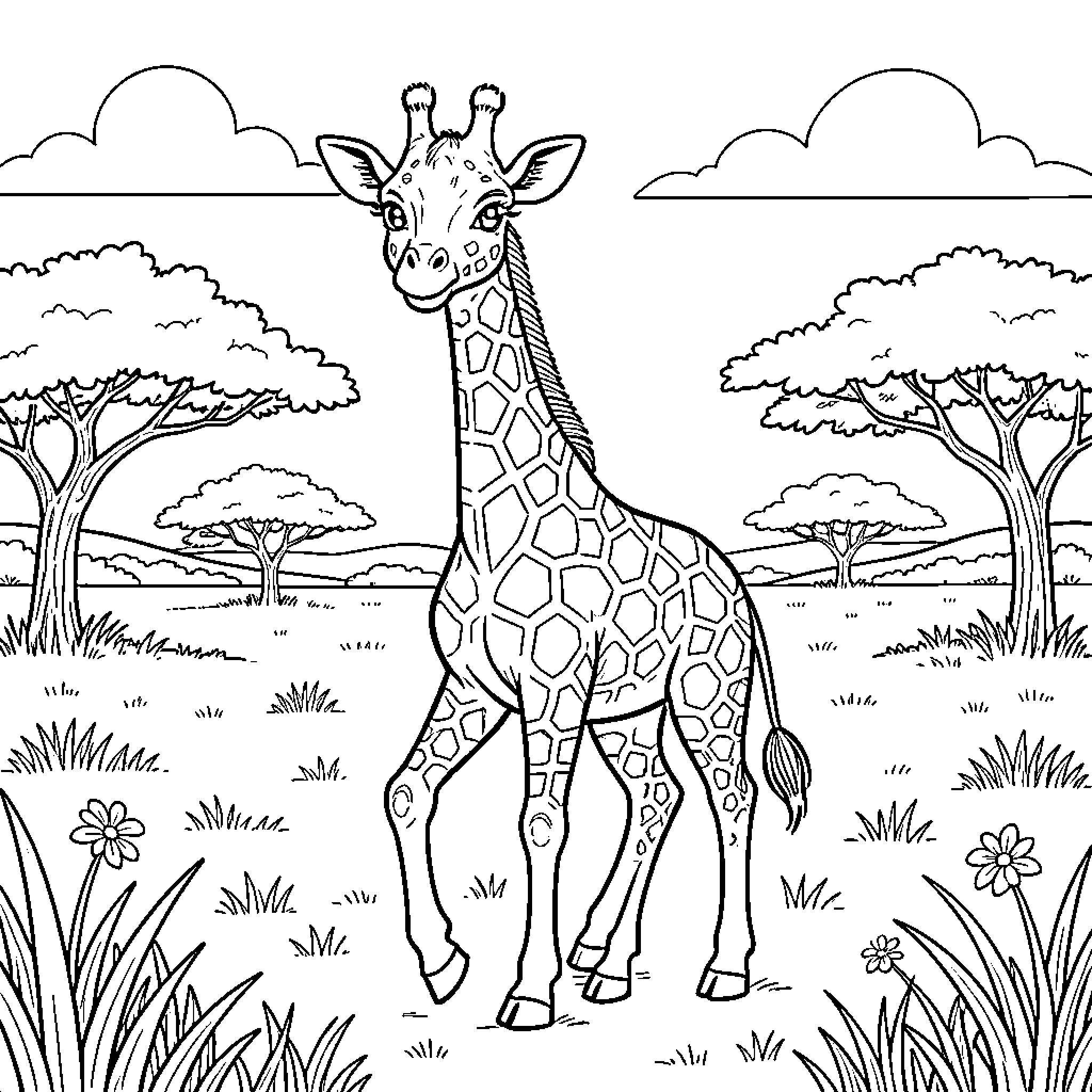 Giraffe standing tall in the African savanna Coloring Page (free black-and-white line drawing printable PDF for all, from beginners to advanced learners, including children, teens, adults, and seniors)