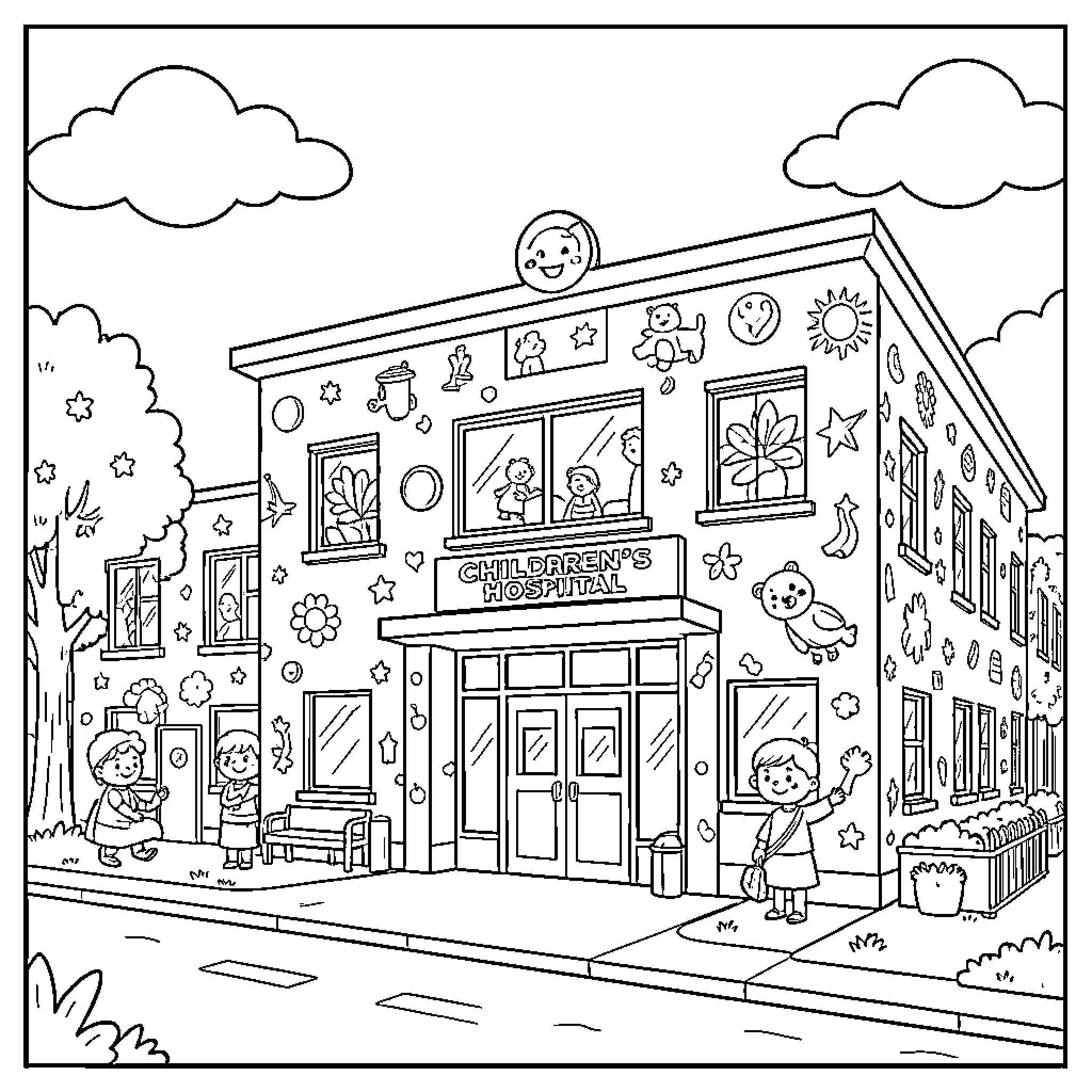 Hospital with Whimsical Children's Decor Coloring Page (free black-and-white line drawing printable PDF for all, from beginners to advanced learners, including children, teens, adults, and seniors)
