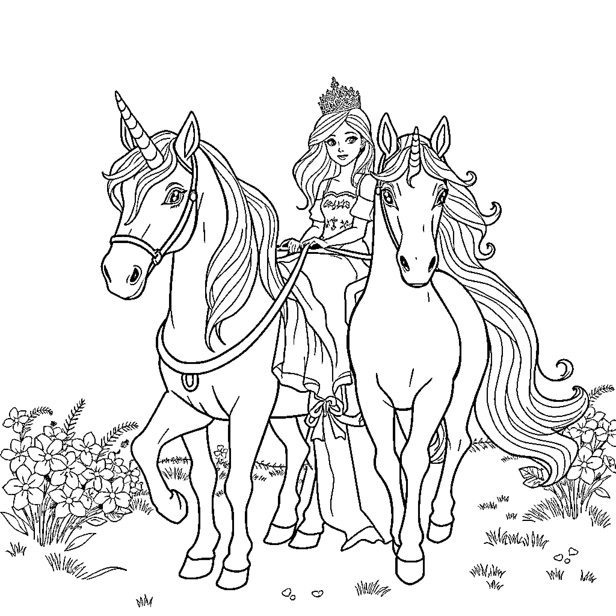 Princess Riding Magical Unicorns in Enchanted Forest Coloring Page (free black-and-white line drawing printable PDF for all, from beginners to advanced learners, including children, teens, adults, and seniors)