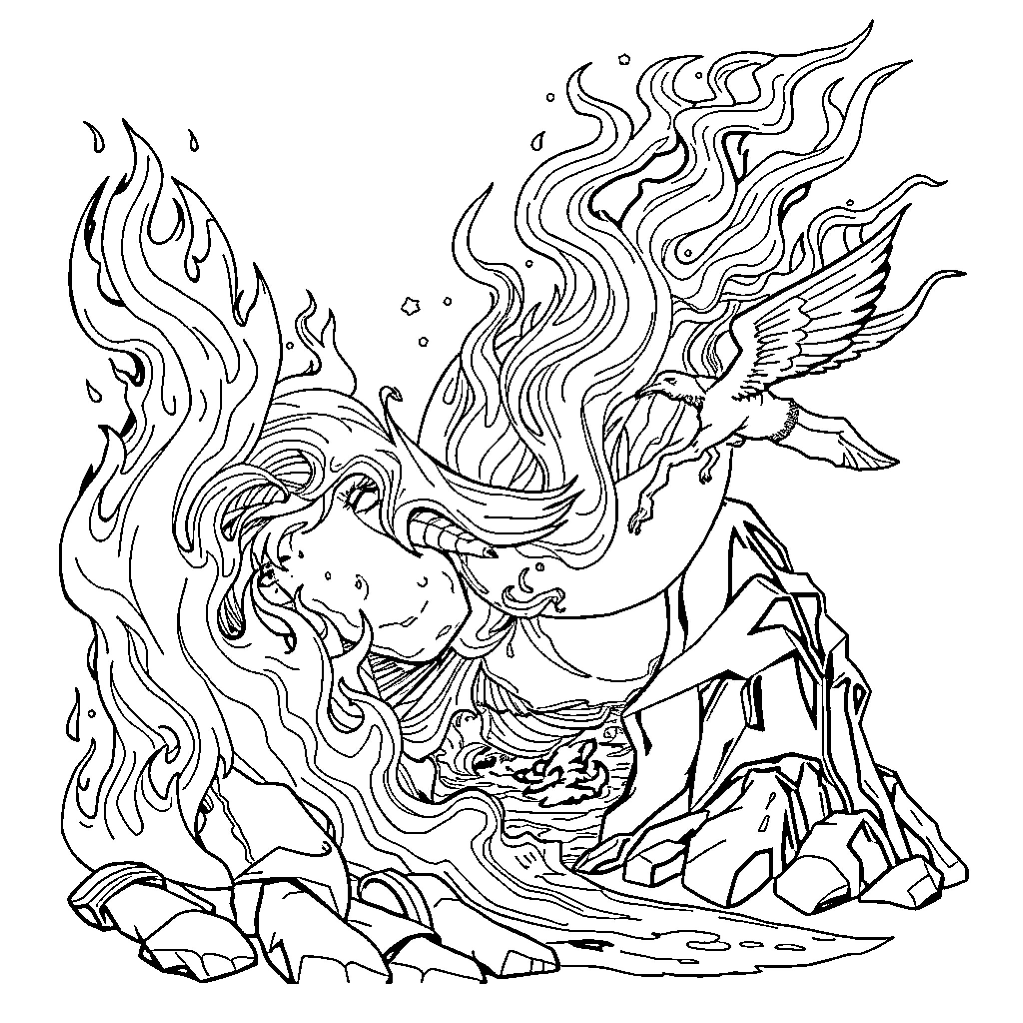 Element of Fantastical Creature in Ethereal Setting Coloring Page (free black-and-white line drawing printable PDF for all, from beginners to advanced learners, including children, teens, adults, and seniors)
