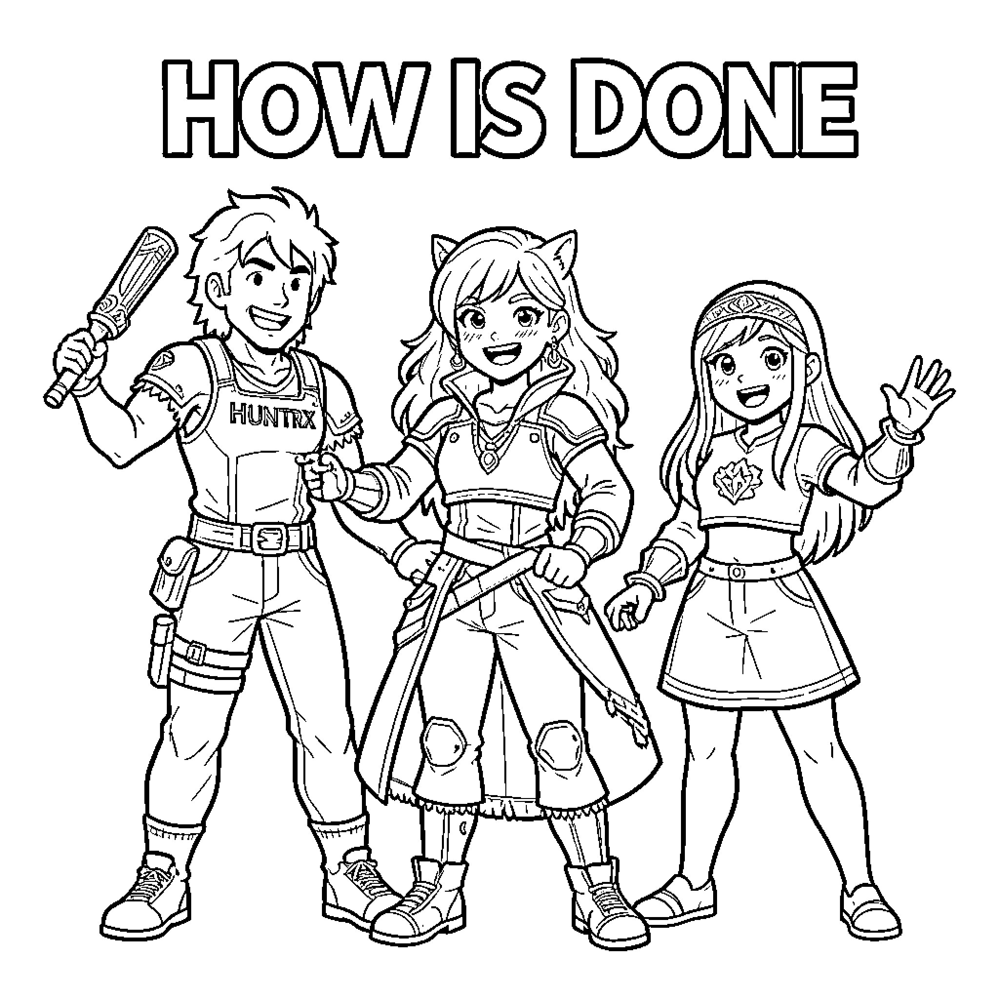 Huntrix characters posing together with confident expressions Coloring Page (free black-and-white line drawing printable PDF for all, from beginners to advanced learners, including children, teens, adults, and seniors)