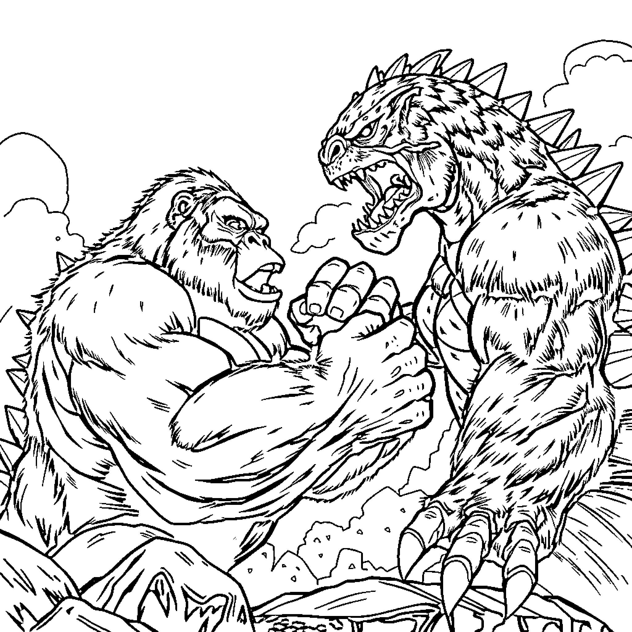 King Kong battling a fierce prehistoric monster Coloring Page (free black-and-white line drawing printable PDF for all, from beginners to advanced learners, including children, teens, adults, and seniors)