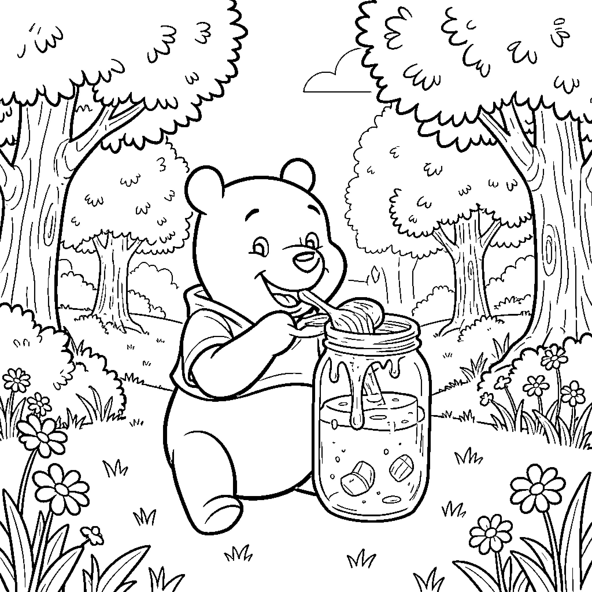 Winnie The Pooh enjoying a jar of honey in the forest Coloring Page (free black-and-white line drawing printable PDF for all, from beginners to advanced learners, including children, teens, adults, and seniors)