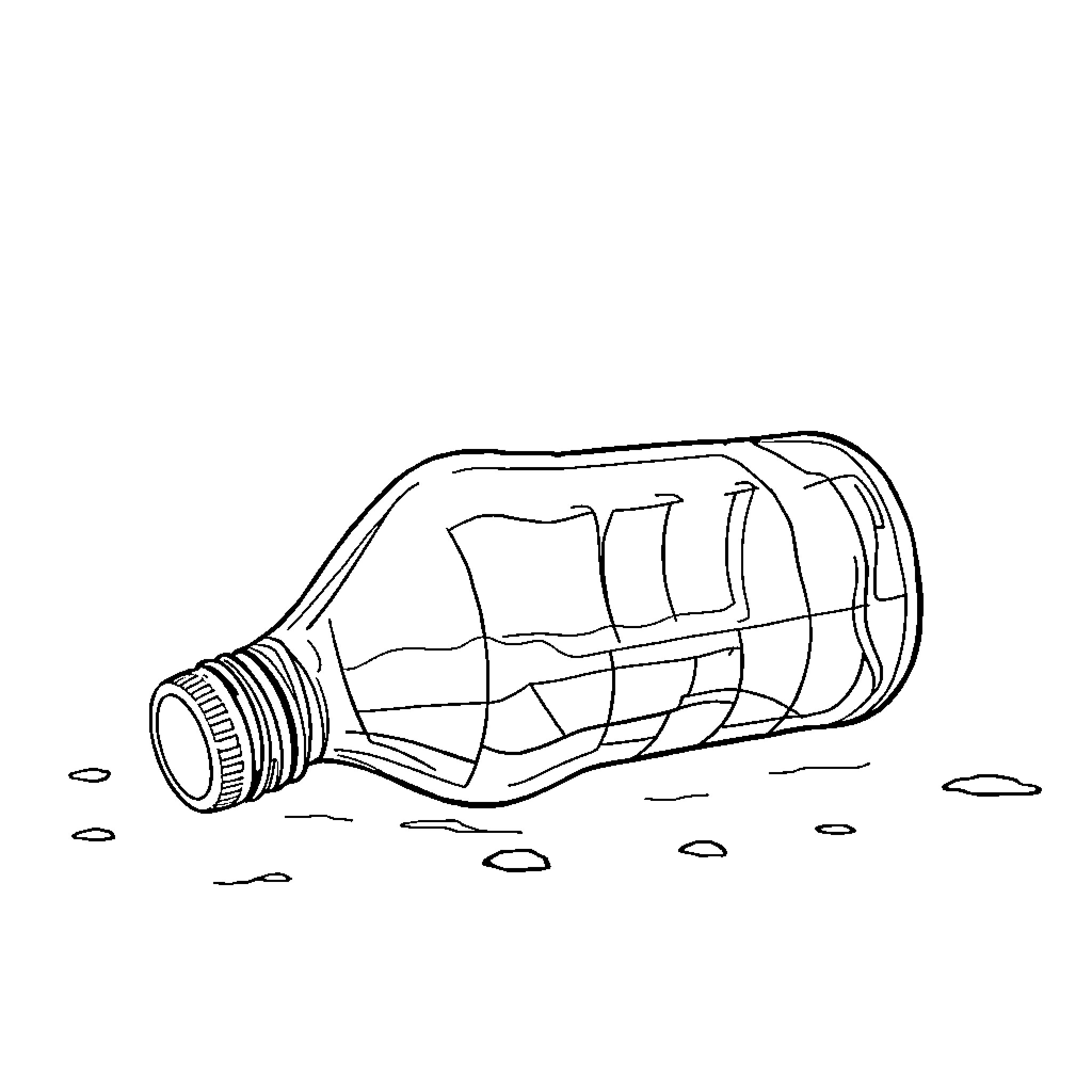 Water Bottle Floating in Sea Coloring Page (free black-and-white line drawing printable PDF for all, from beginners to advanced learners, including children, teens, adults, and seniors)