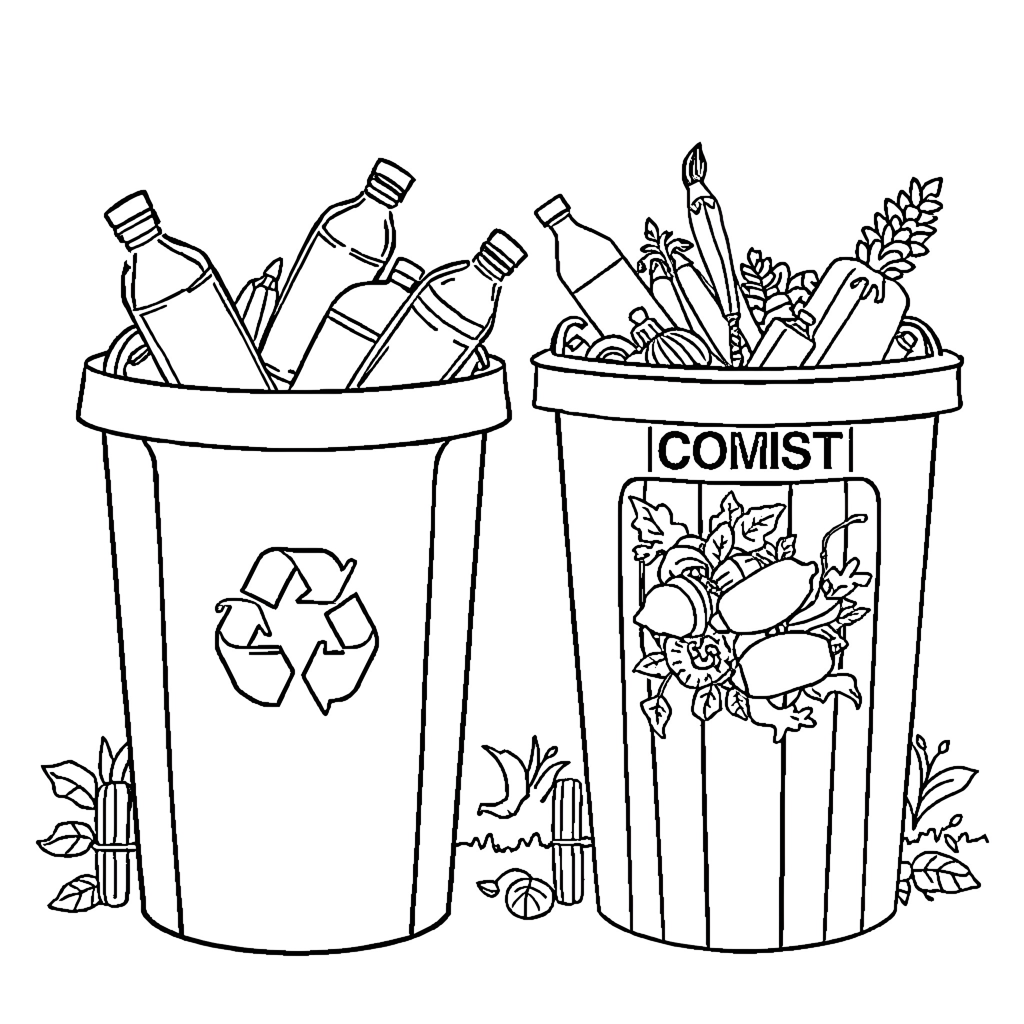 Recycle bins filled with waste and recyclable items Coloring Page (free black-and-white line drawing printable PDF for all, from beginners to advanced learners, including children, teens, adults, and seniors)