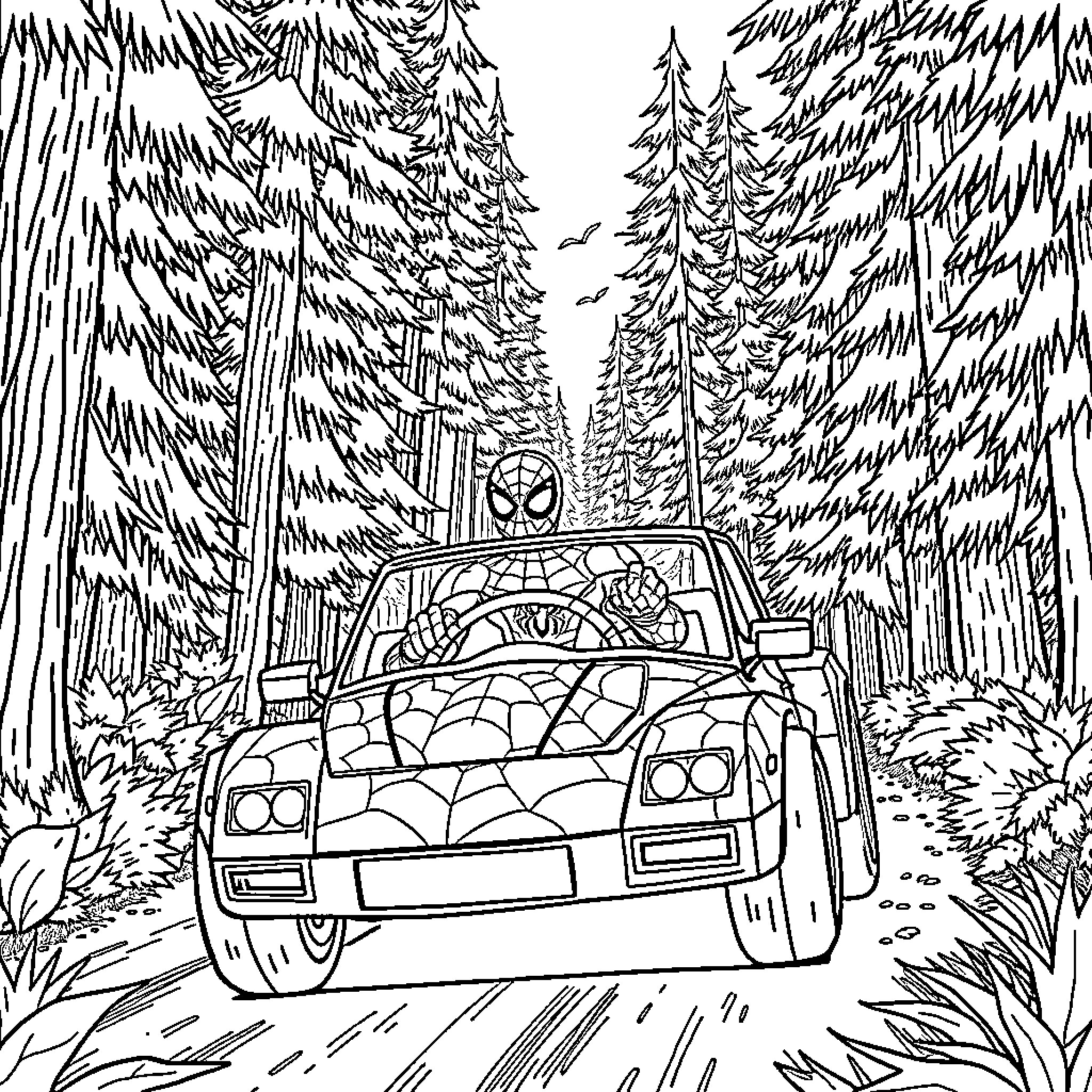 Spider-Man's Car Adventure in the Enchanted Forest Coloring Page (free black-and-white line drawing printable PDF for all, from beginners to advanced learners, including children, teens, adults, and seniors)
