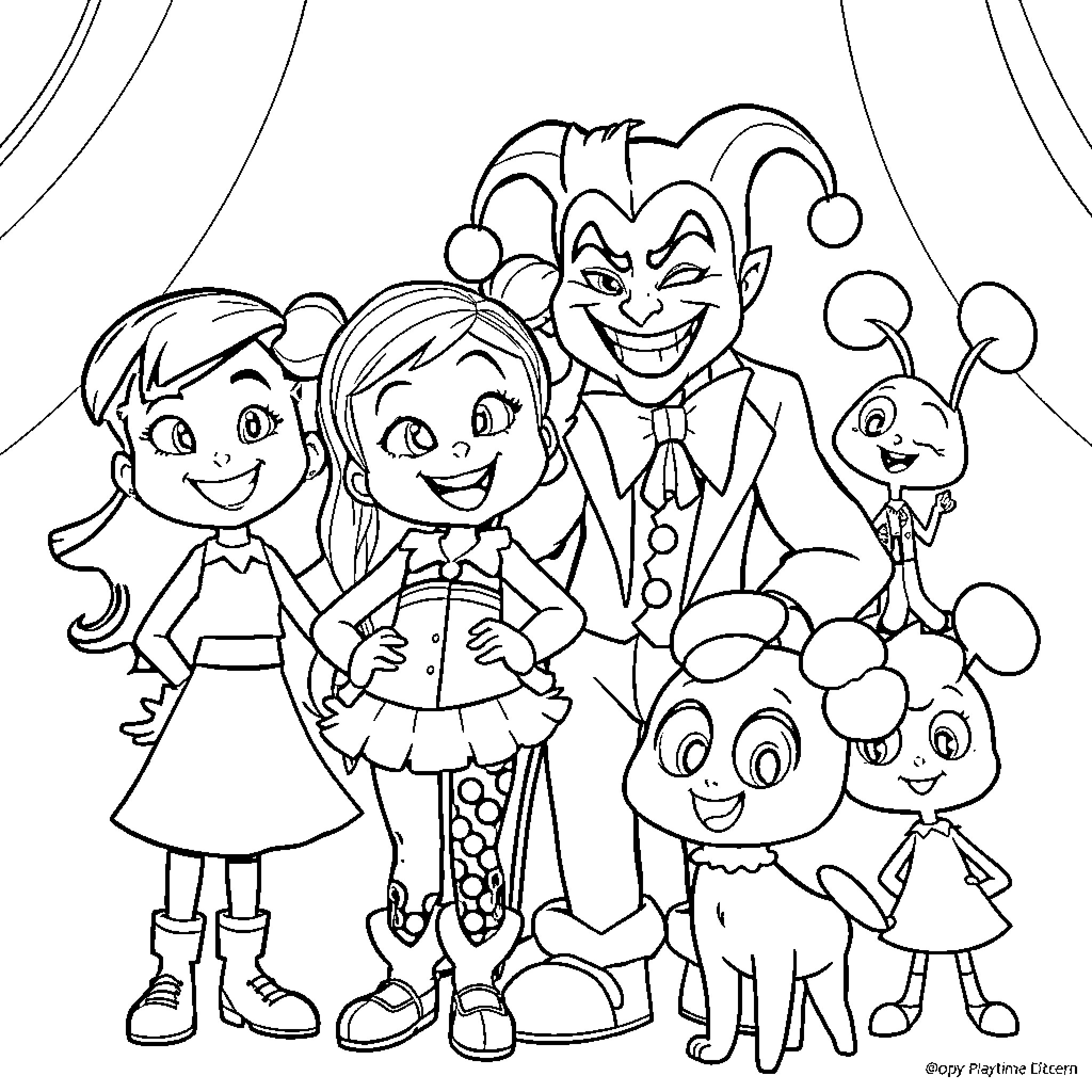 Character Group at the Circus Carnival Coloring Page (free black-and-white line drawing printable PDF for all, from beginners to advanced learners, including children, teens, adults, and seniors)