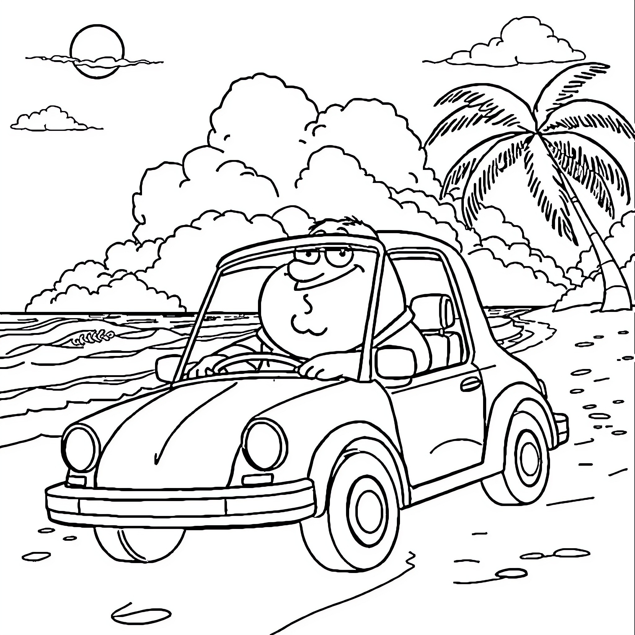 Peter Griffin driving a car on a beach vacation Coloring Page (free black-and-white line drawing printable PDF for all, from beginners to advanced learners, including children, teens, adults, and seniors)