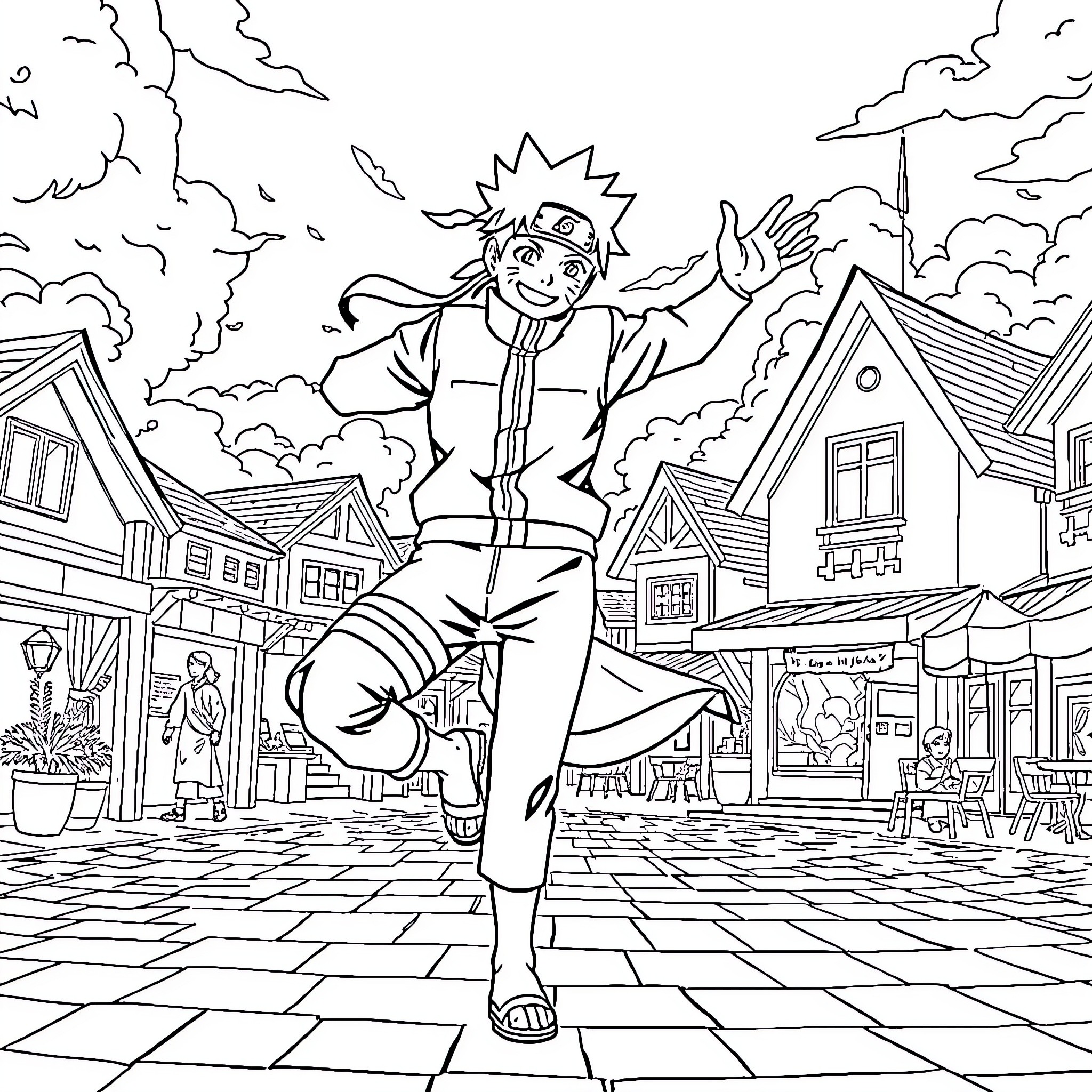 Naruto's Joyful Adventure in the Village Coloring Page (free black-and-white line drawing printable PDF for all, from beginners to advanced learners, including children, teens, adults, and seniors)