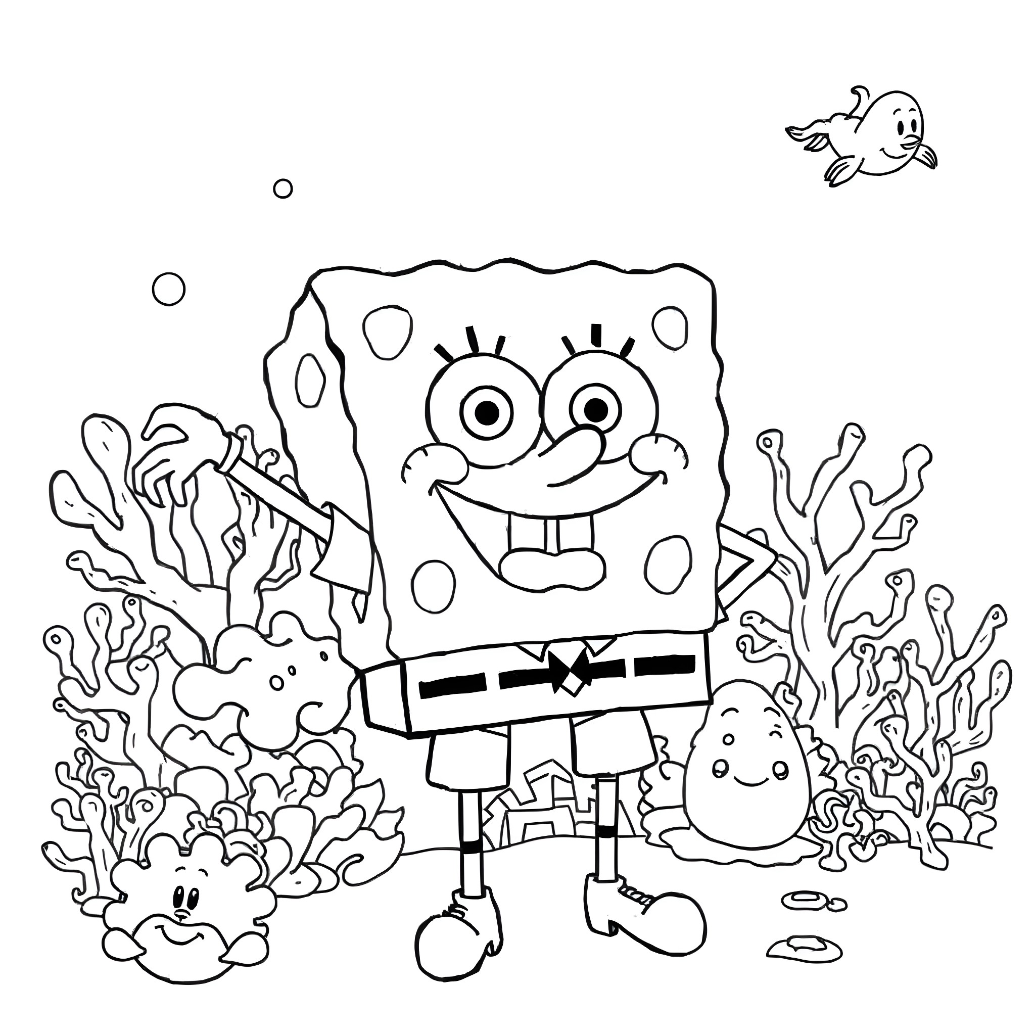 Spongebob and friends in the underwater scene Coloring Page (free black-and-white line drawing printable PDF for all, from beginners to advanced learners, including children, teens, adults, and seniors)